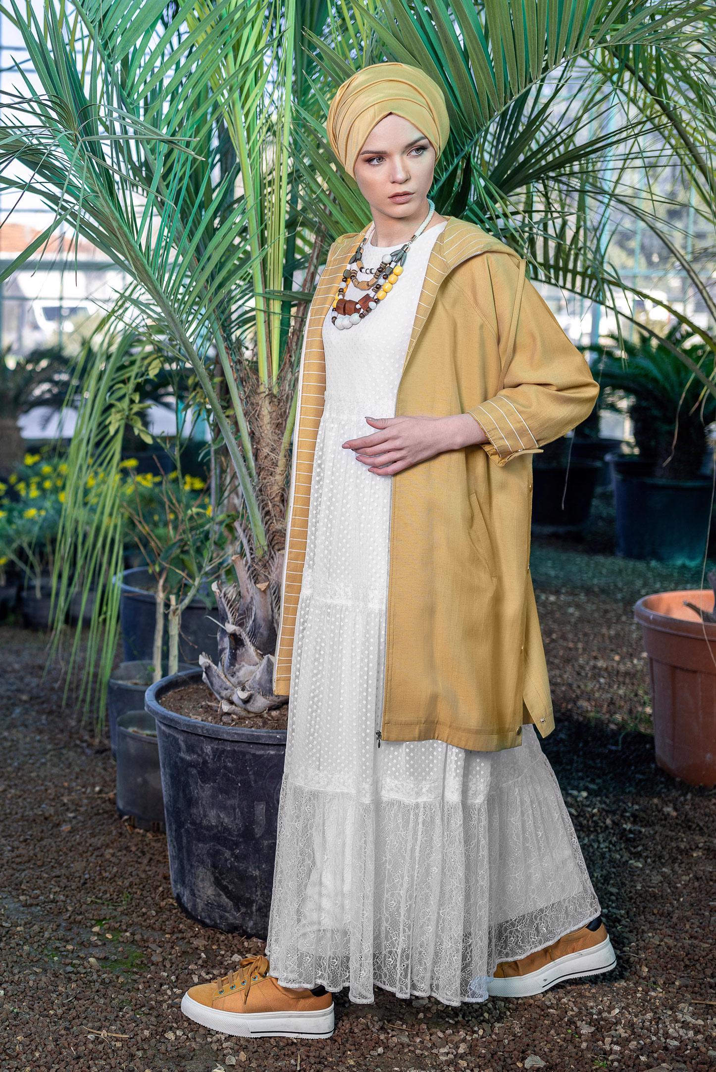 Tesettür giyim SARI YANLARI ÇITÇITLI ÖNDEN FERMUARLI GİY ÇIK 4103