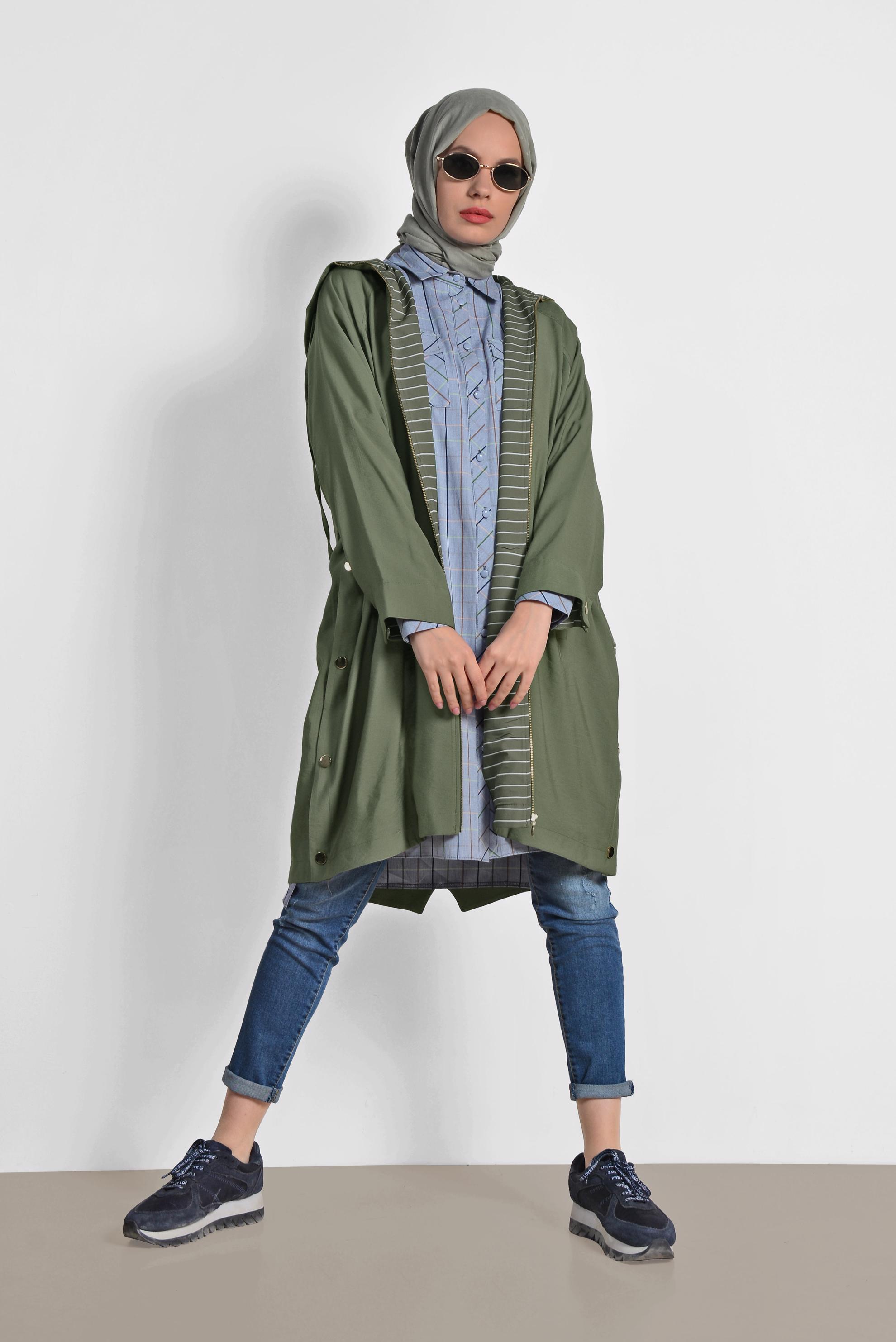 Tesettür giyim HAKİ YANLARI ÇITÇITLI ÖNDEN FERMUARLI GİY ÇIK 4103