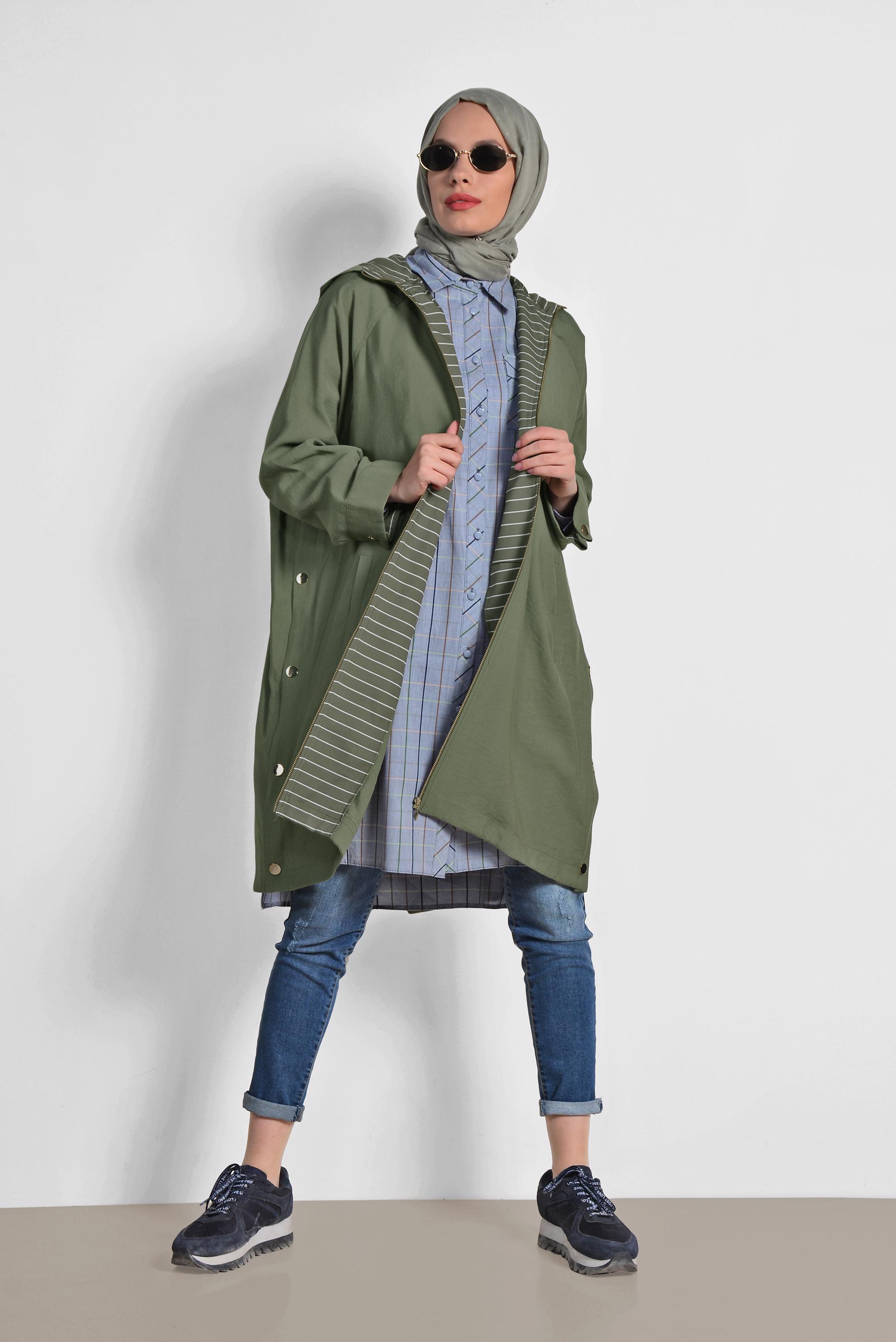 Tesettür giyim HAKİ YANLARI ÇITÇITLI ÖNDEN FERMUARLI GİY ÇIK 4103