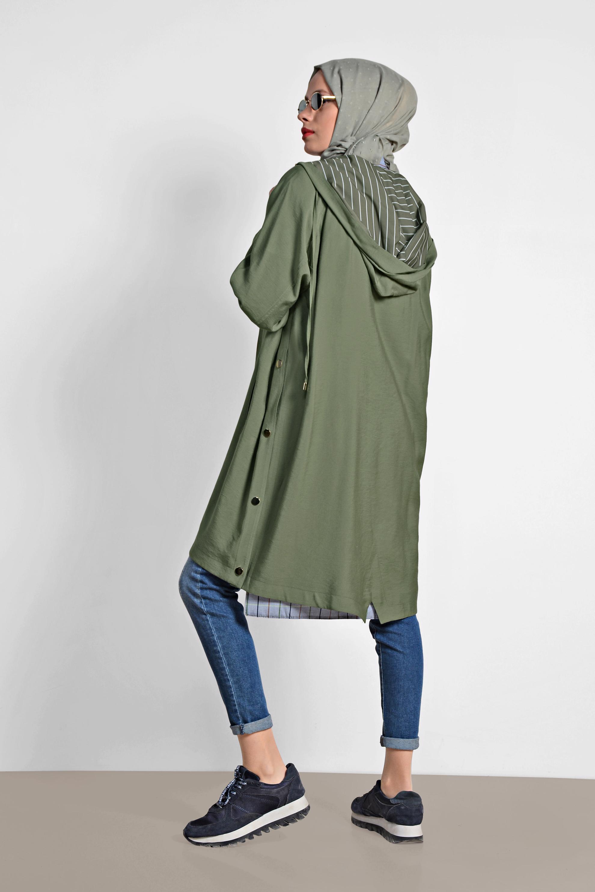 Tesettür giyim HAKİ YANLARI ÇITÇITLI ÖNDEN FERMUARLI GİY ÇIK 4103