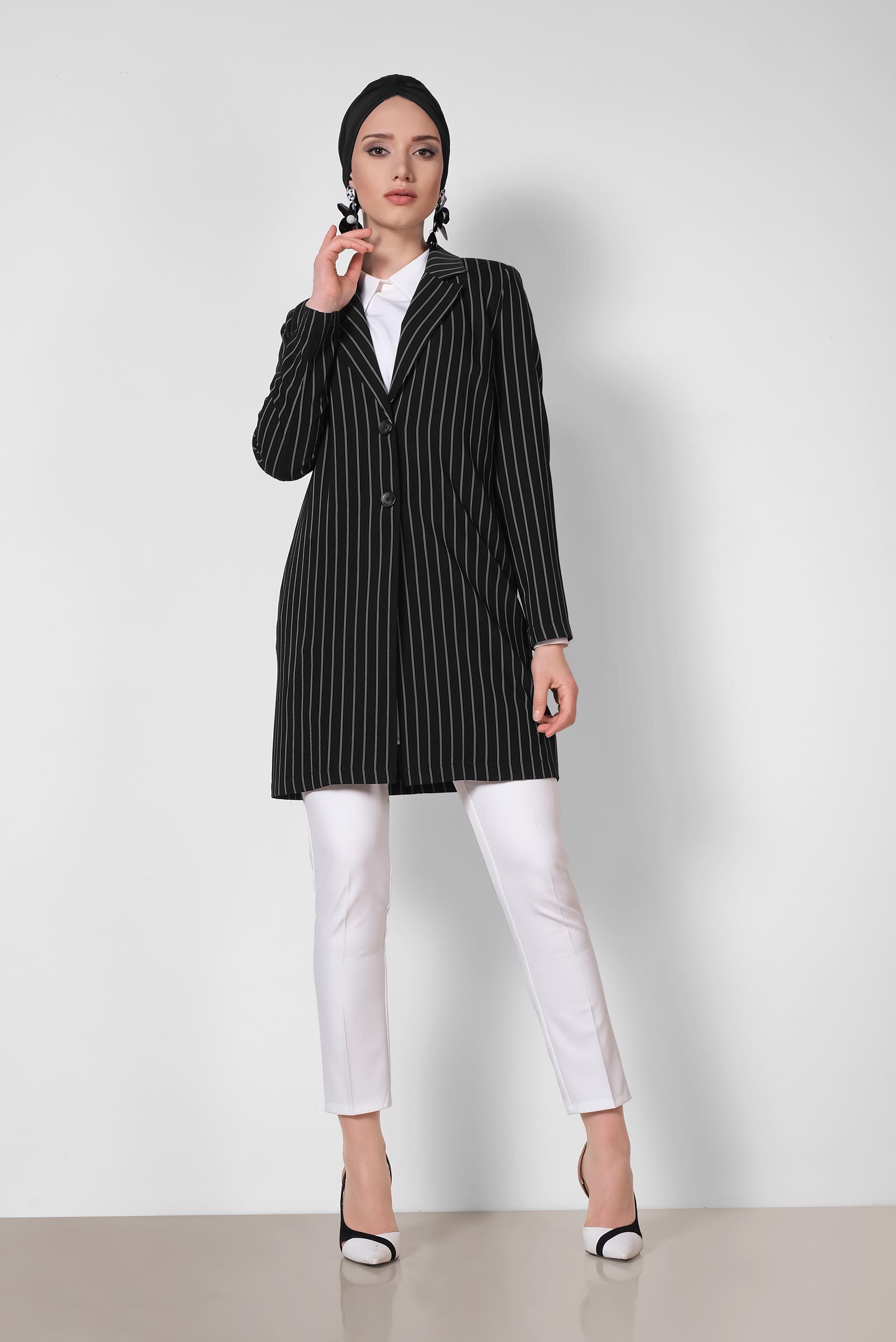 Tesettür giyim SİYAH ÇİZGİ DESENLİ BLAZER CEKET 4166