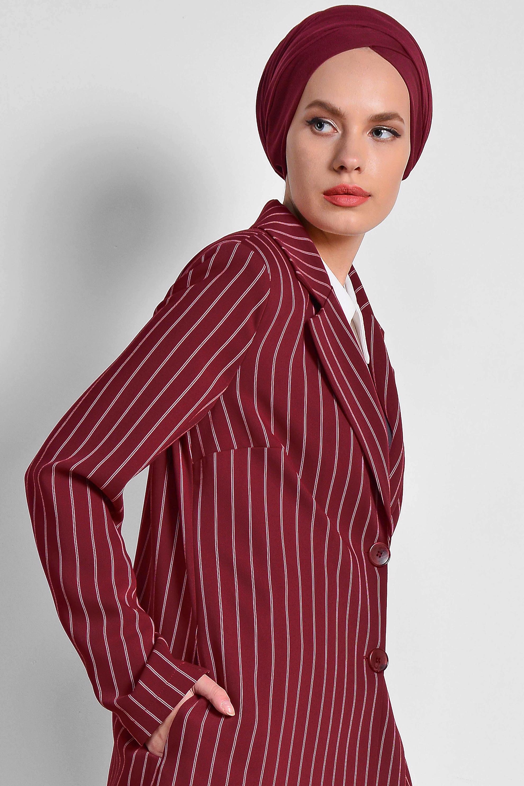 Tesettür giyim BORDO ÇİZGİ DESENLİ BLAZER CEKET 4166