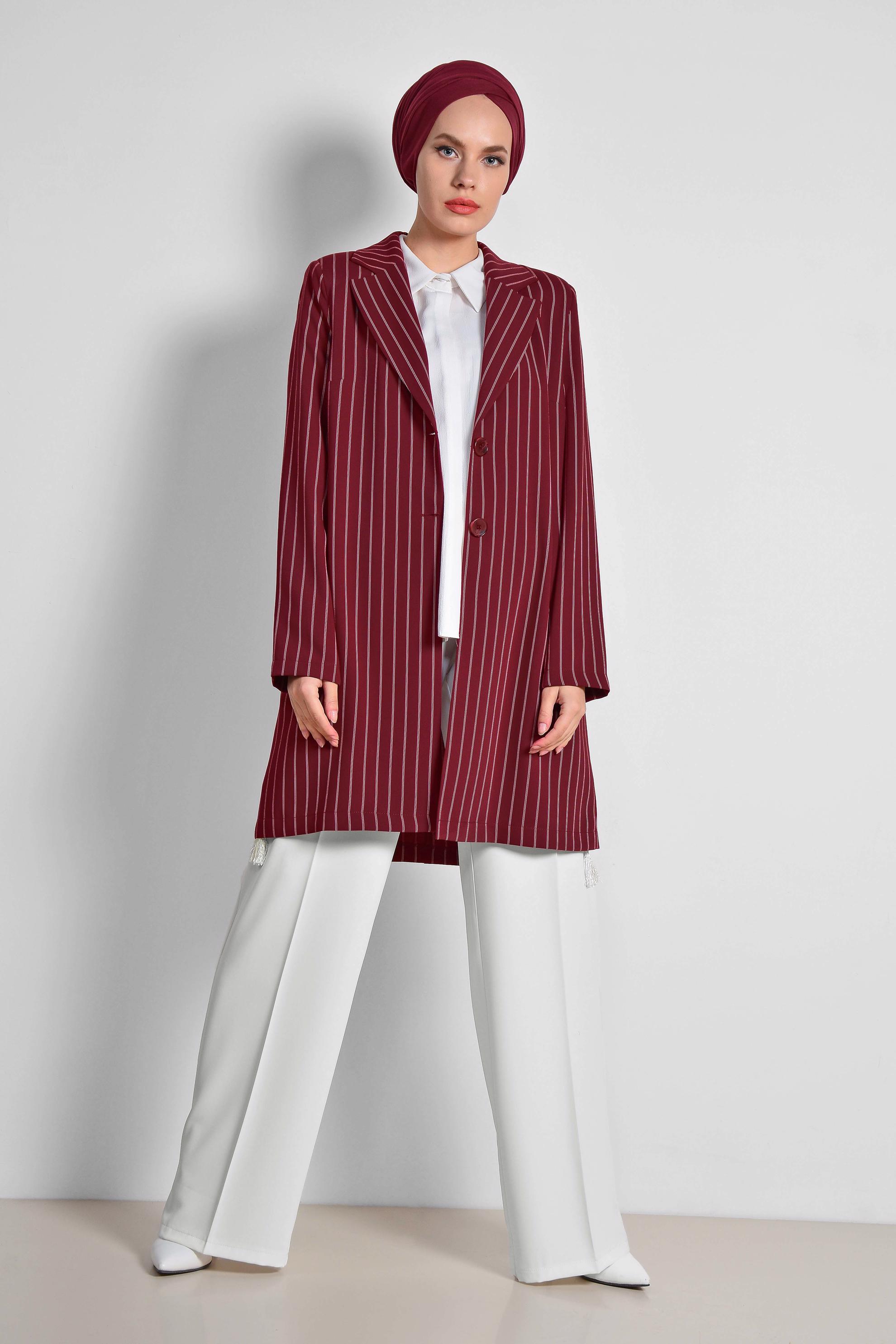 Tesettür giyim BORDO ÇİZGİ DESENLİ BLAZER CEKET 4166