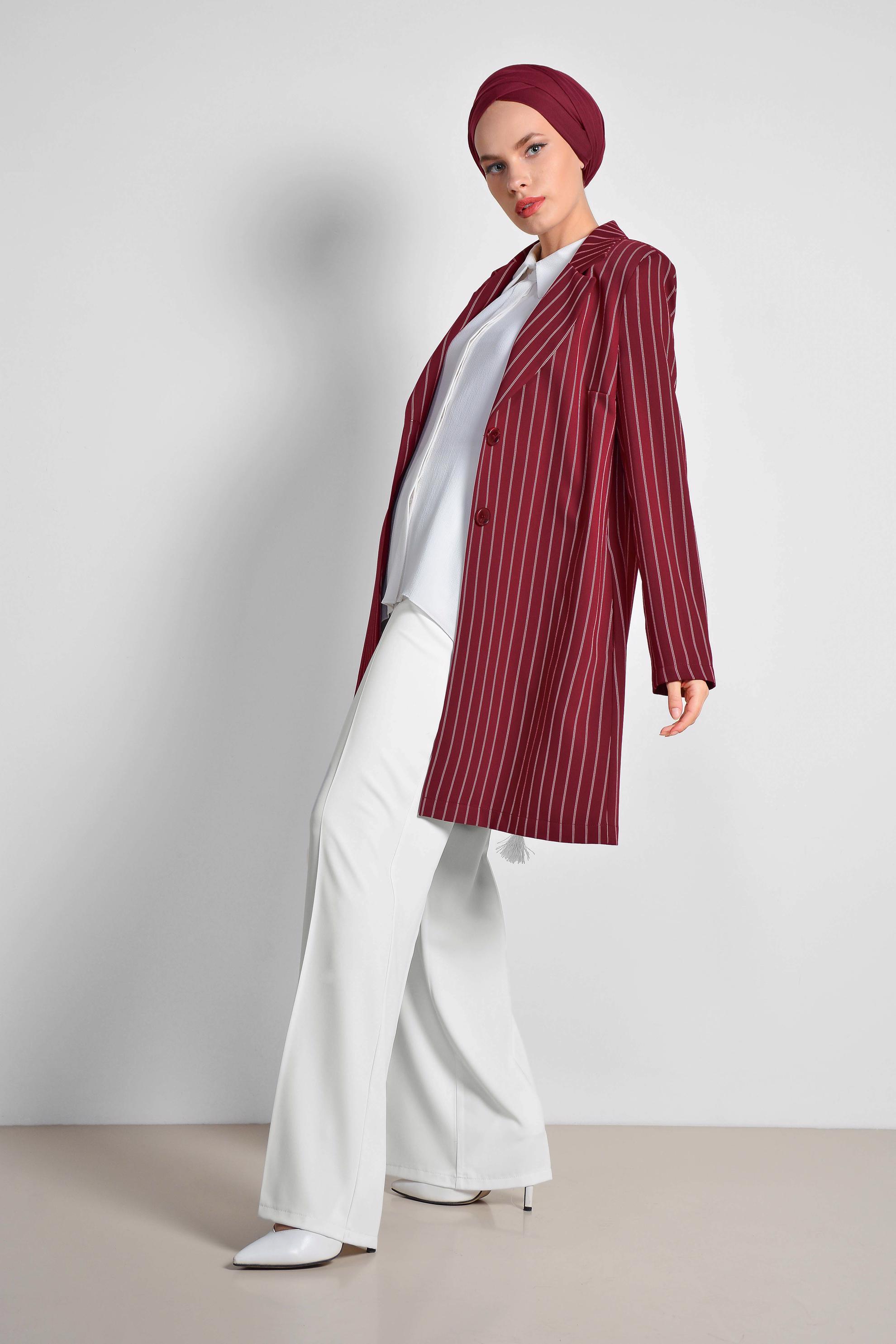 Tesettür giyim BORDO ÇİZGİ DESENLİ BLAZER CEKET 4166
