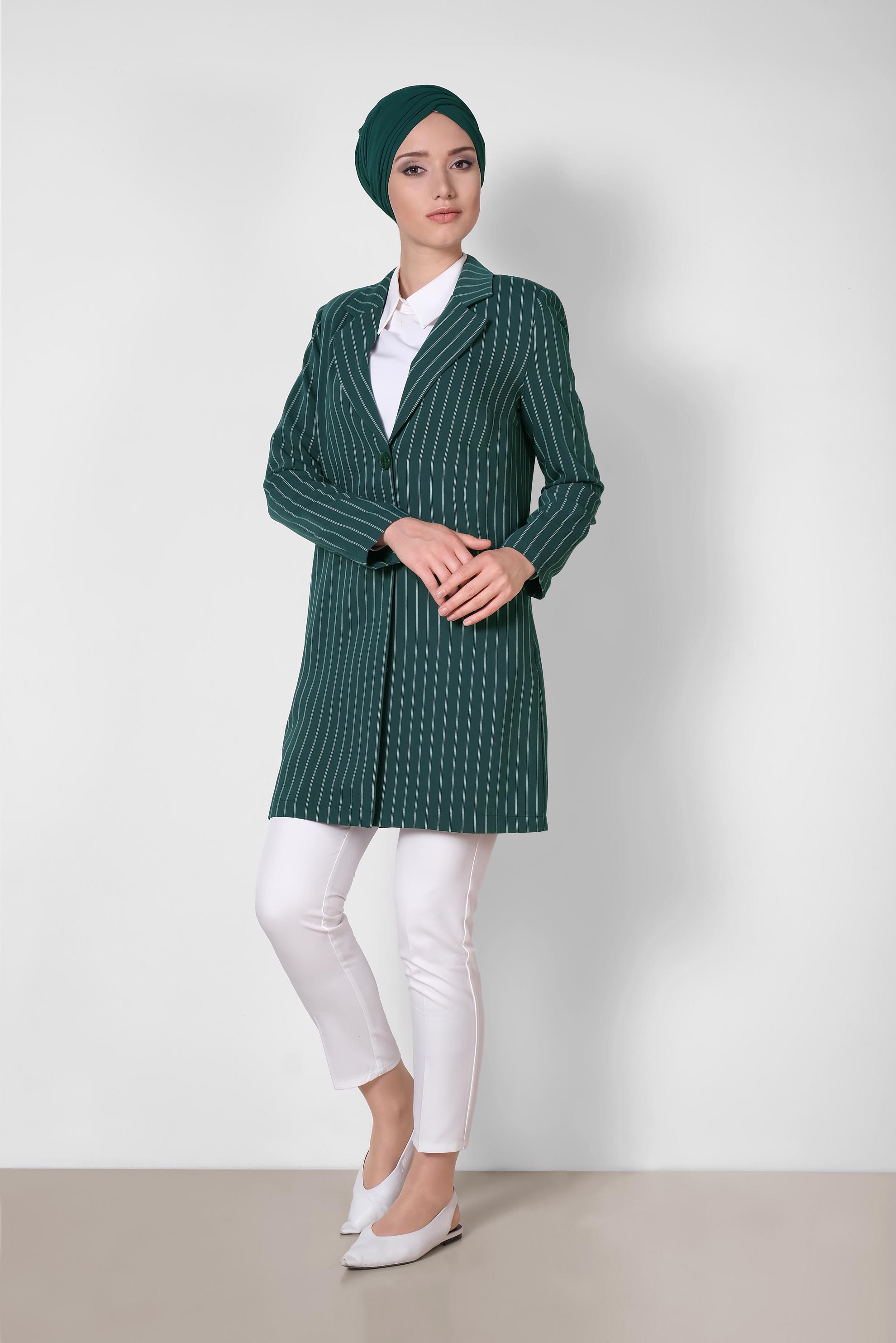 Tesettür giyim YEŞİL ÇİZGİ DESENLİ BLAZER CEKET 4166
