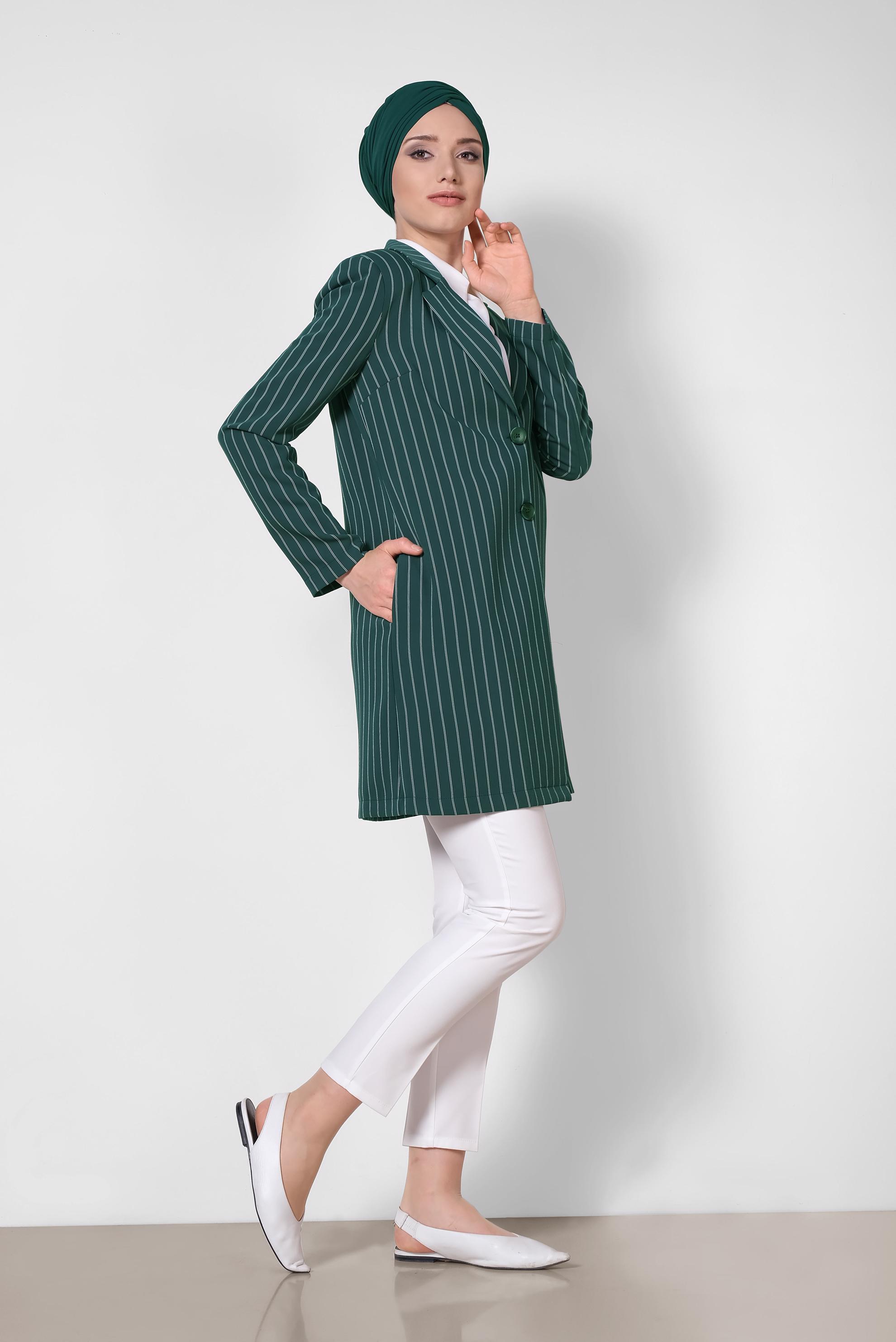 Tesettür giyim YEŞİL ÇİZGİ DESENLİ BLAZER CEKET 4166