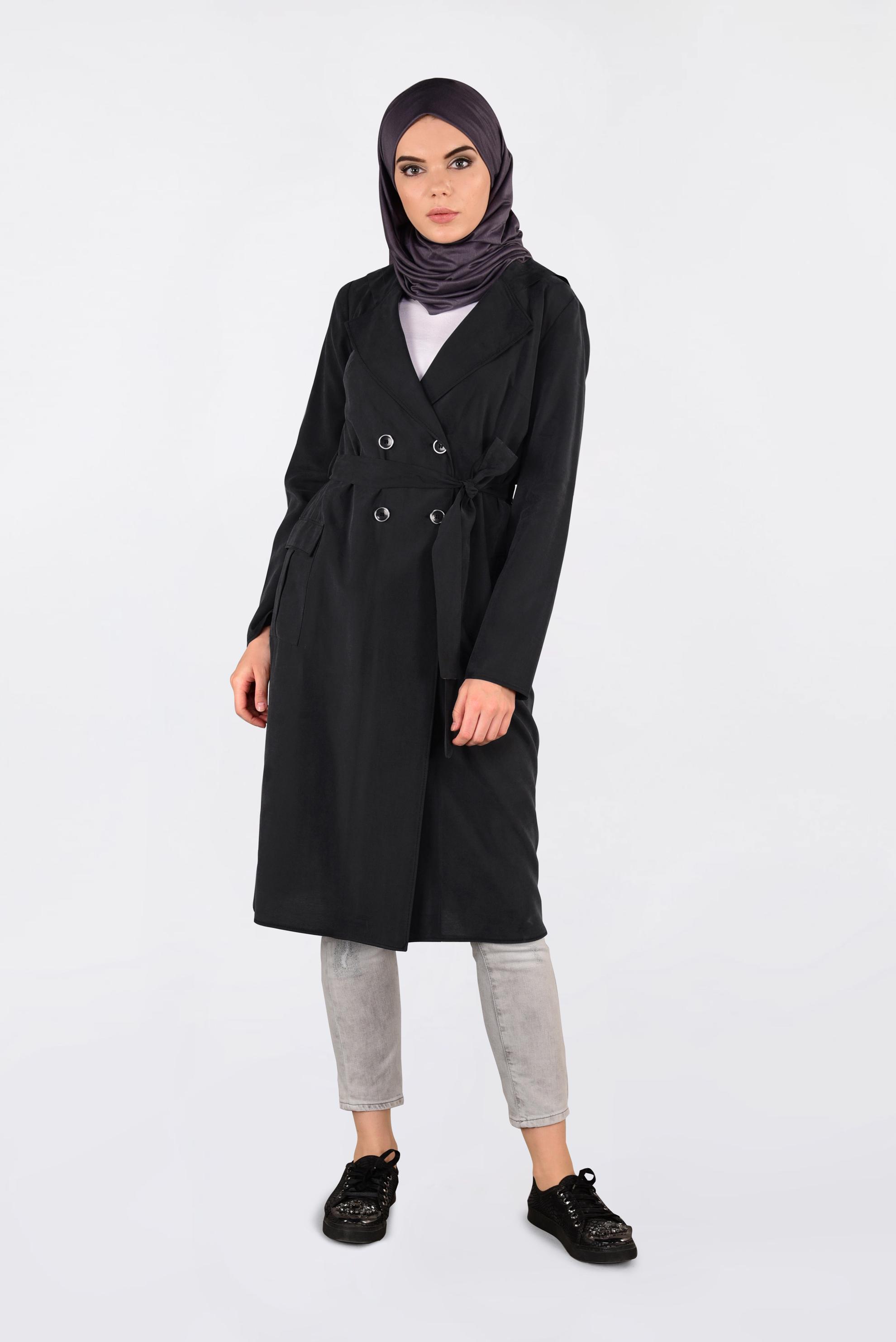 Tesettür giyim SİYAH KAPÜŞONLU TRENÇKOT 4178