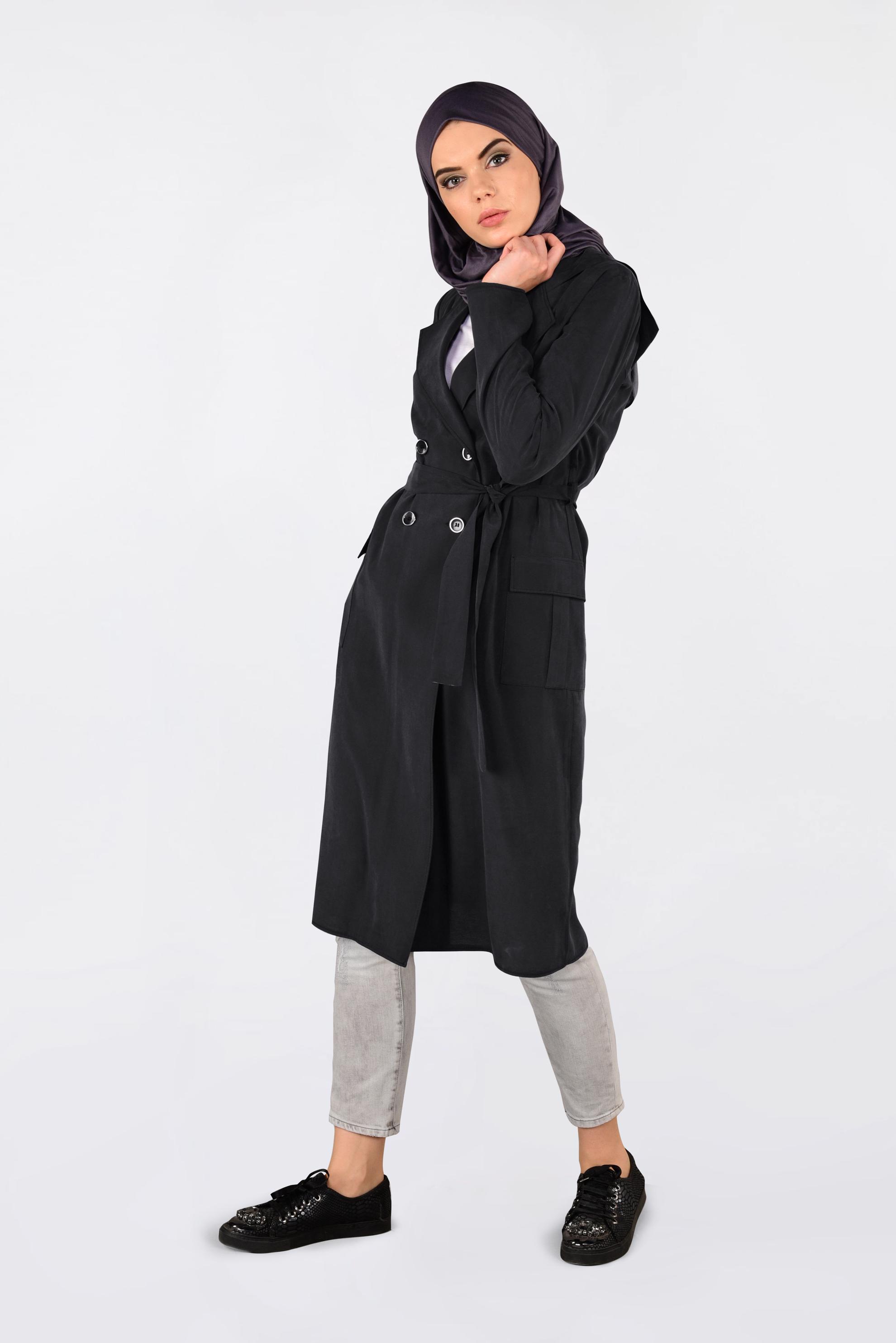 Tesettür giyim SİYAH KAPÜŞONLU TRENÇKOT 4178