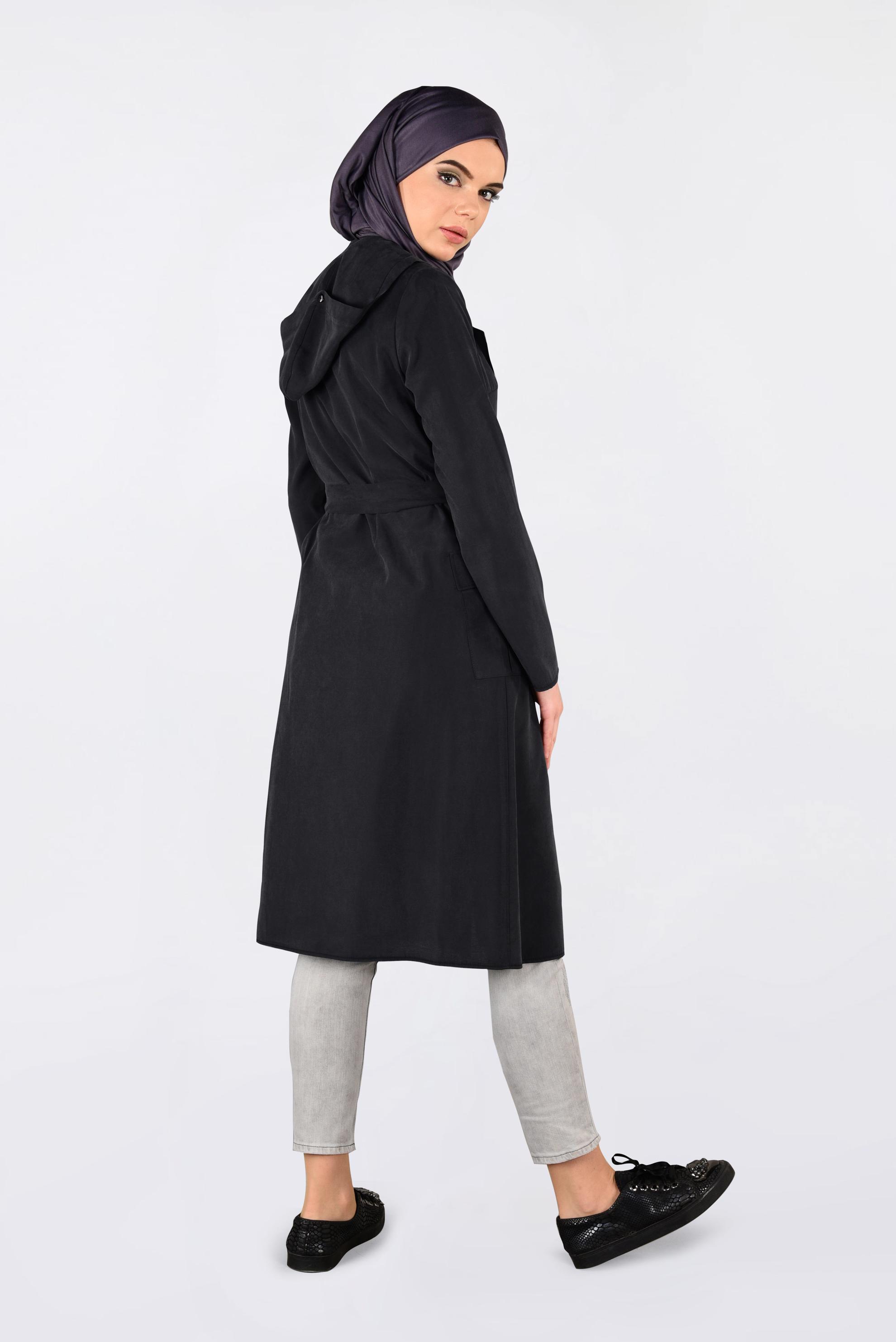 Tesettür giyim SİYAH KAPÜŞONLU TRENÇKOT 4178