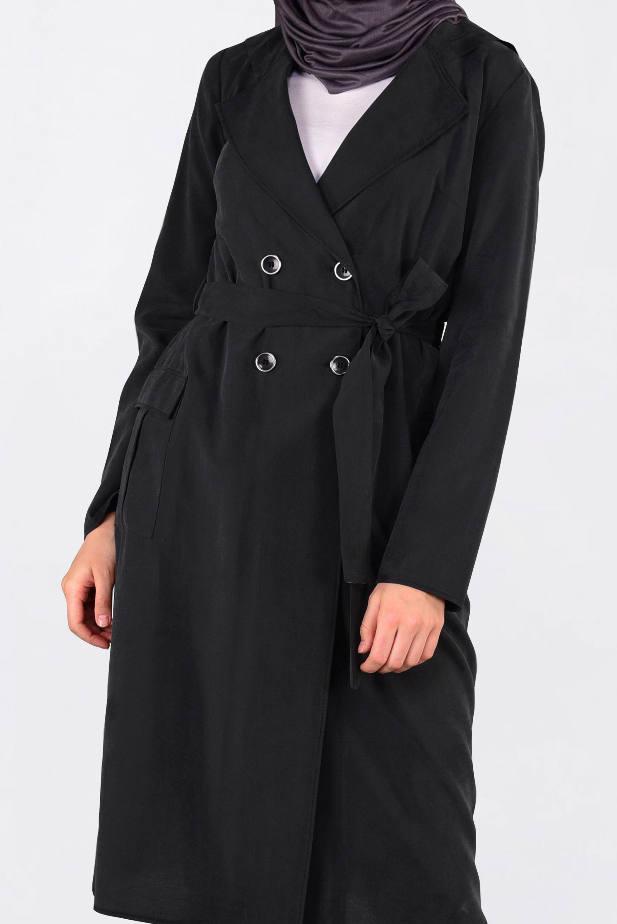 Tesettür giyim SİYAH KAPÜŞONLU TRENÇKOT 4178