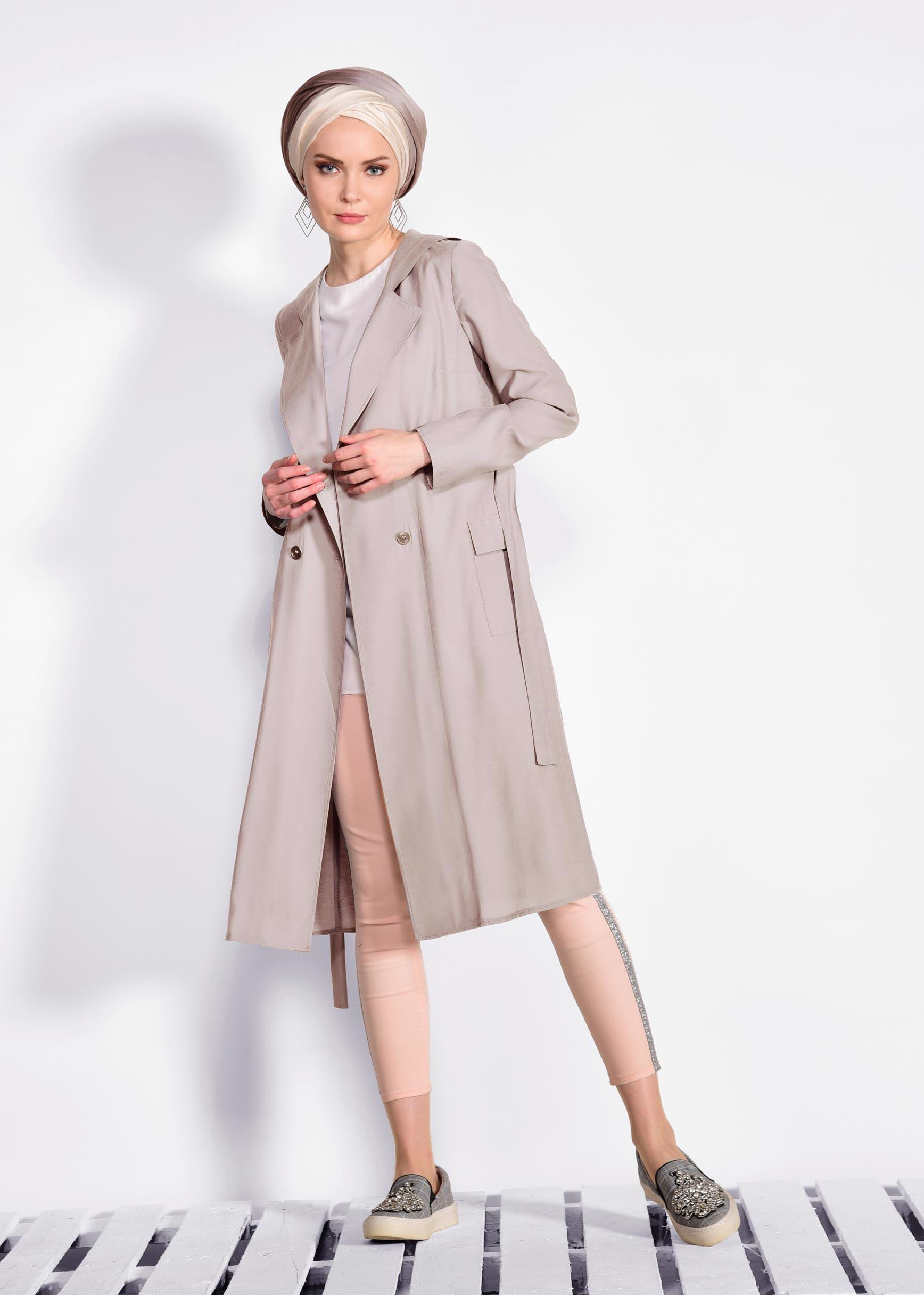 Tesettür giyim BEJ KAPÜŞONLU TRENÇKOT 4178