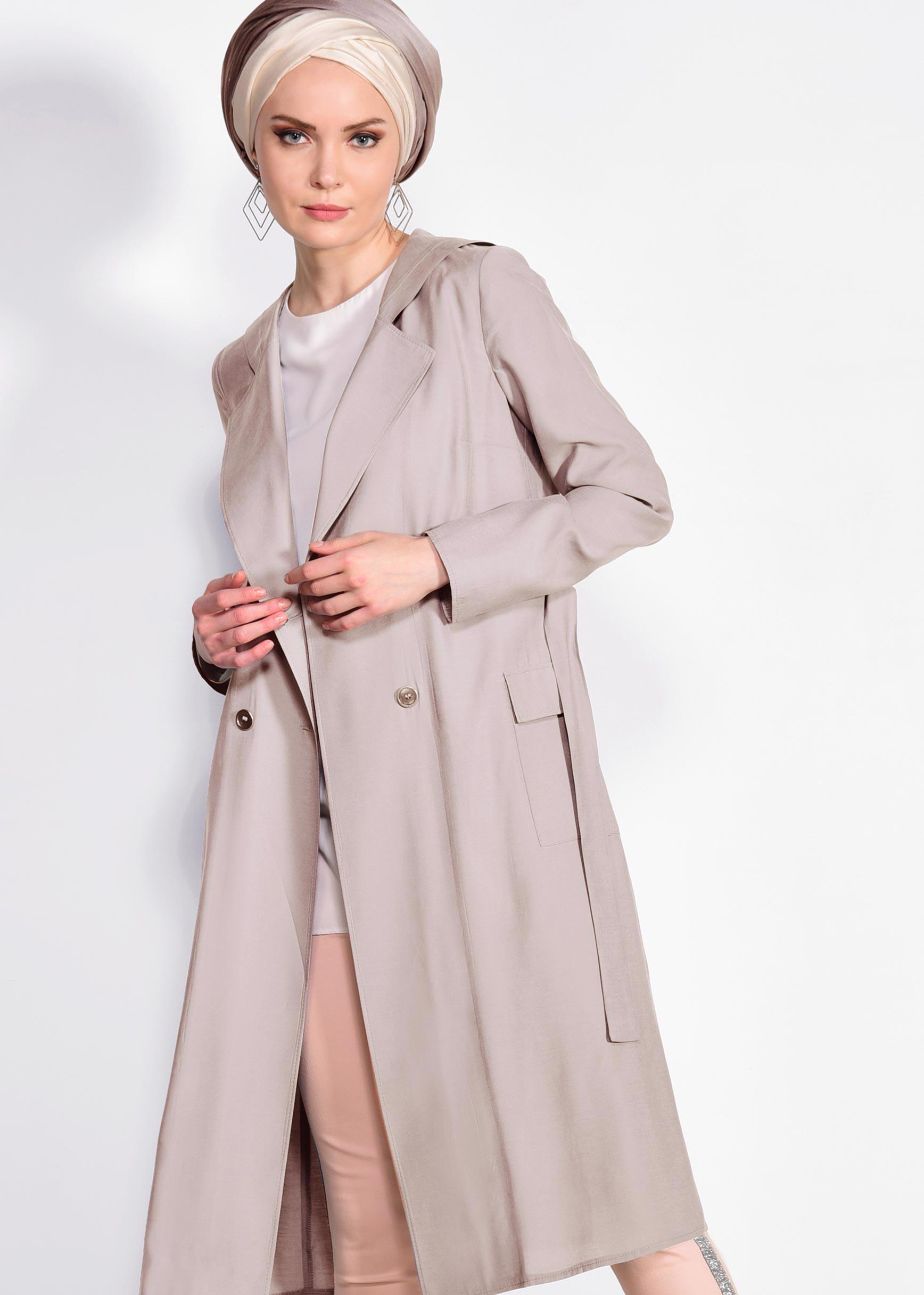 Tesettür giyim BEJ KAPÜŞONLU TRENÇKOT 4178