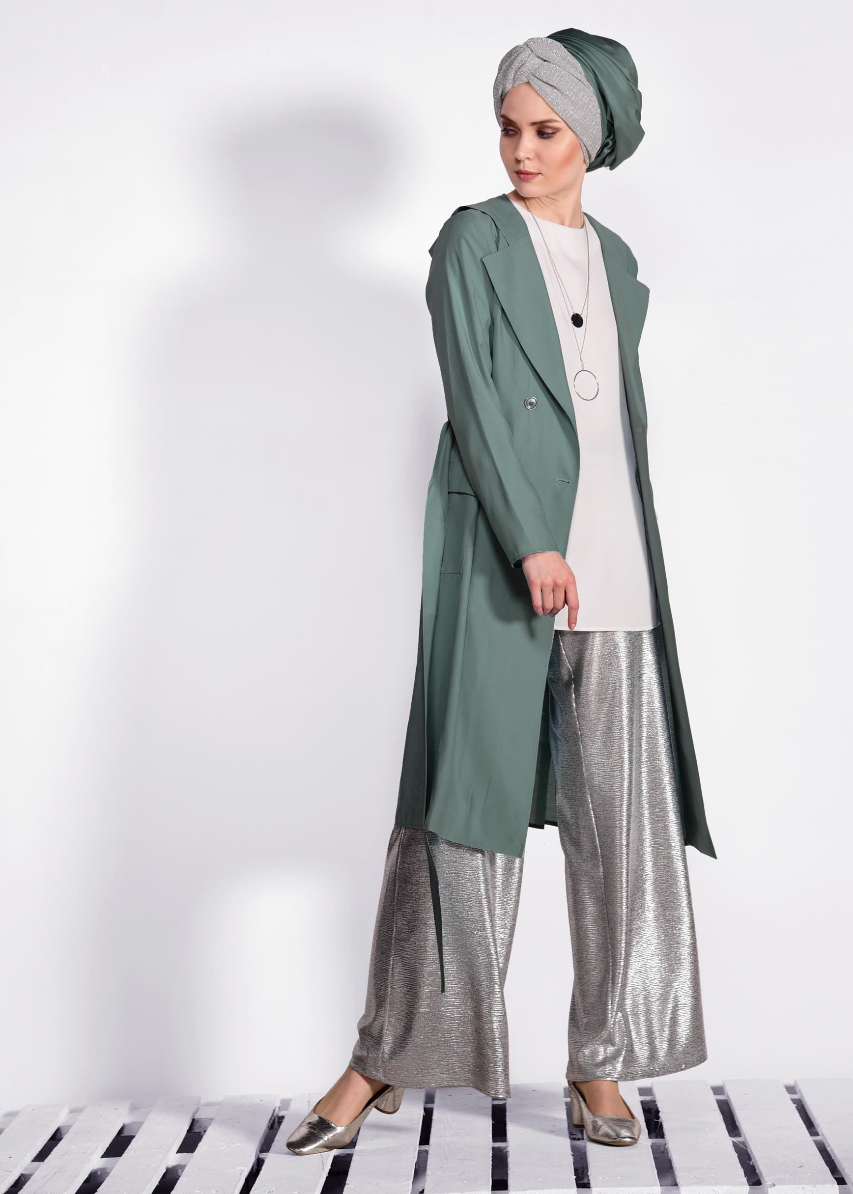 Tesettür giyim HAKİ KAPÜŞONLU TRENÇKOT 4178