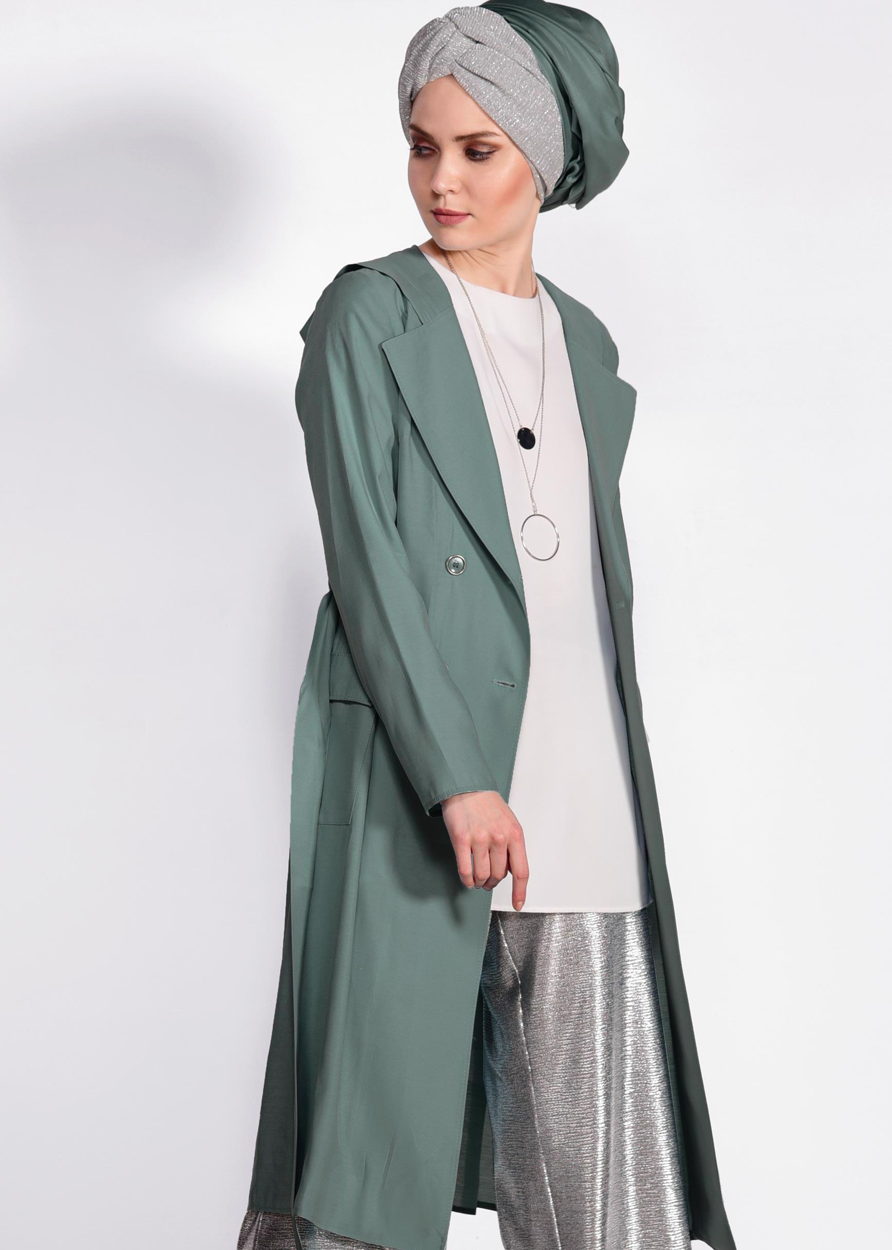 Tesettür giyim HAKİ KAPÜŞONLU TRENÇKOT 4178