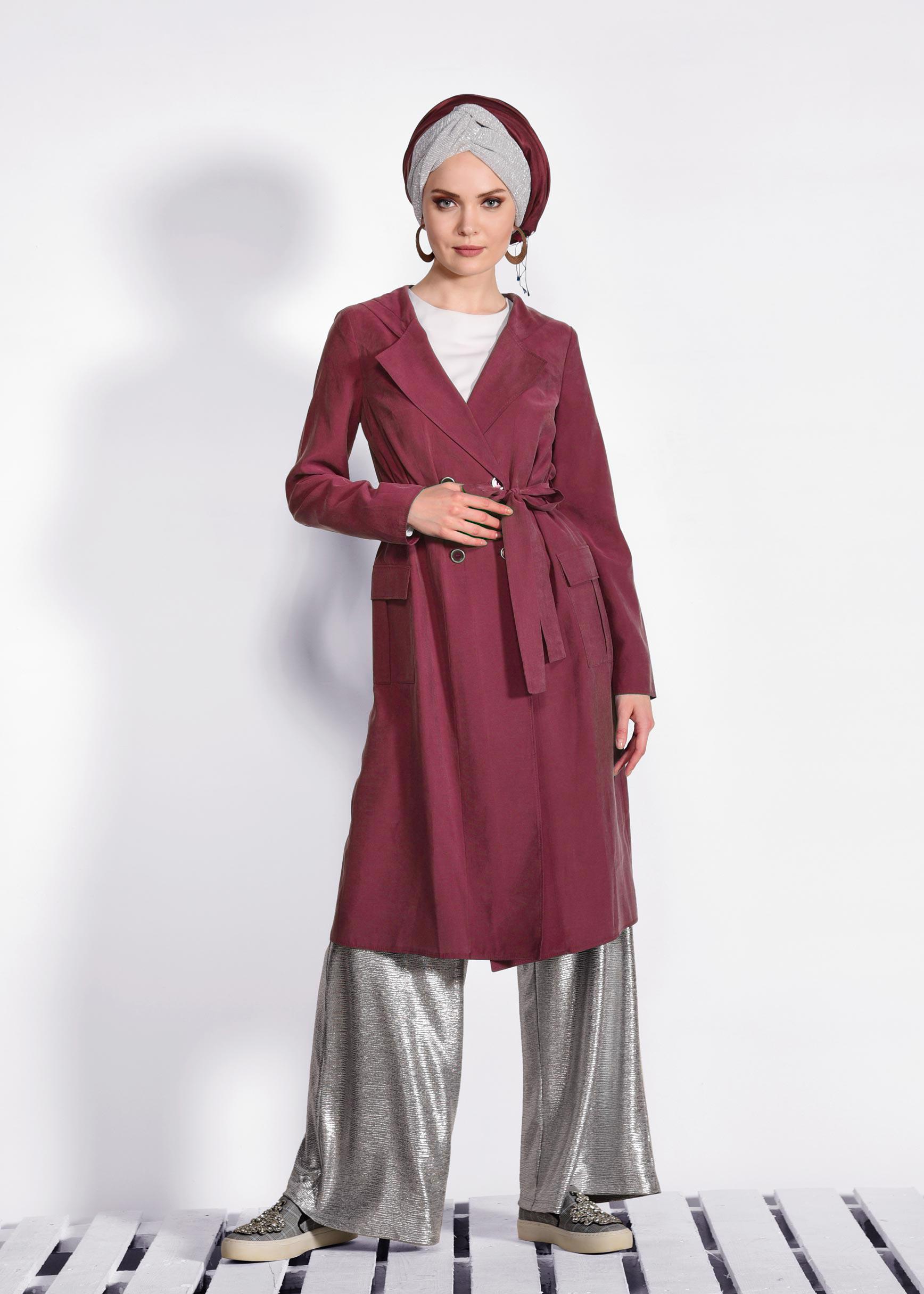 Tesettür giyim BORDO KAPÜŞONLU TRENÇKOT 4178