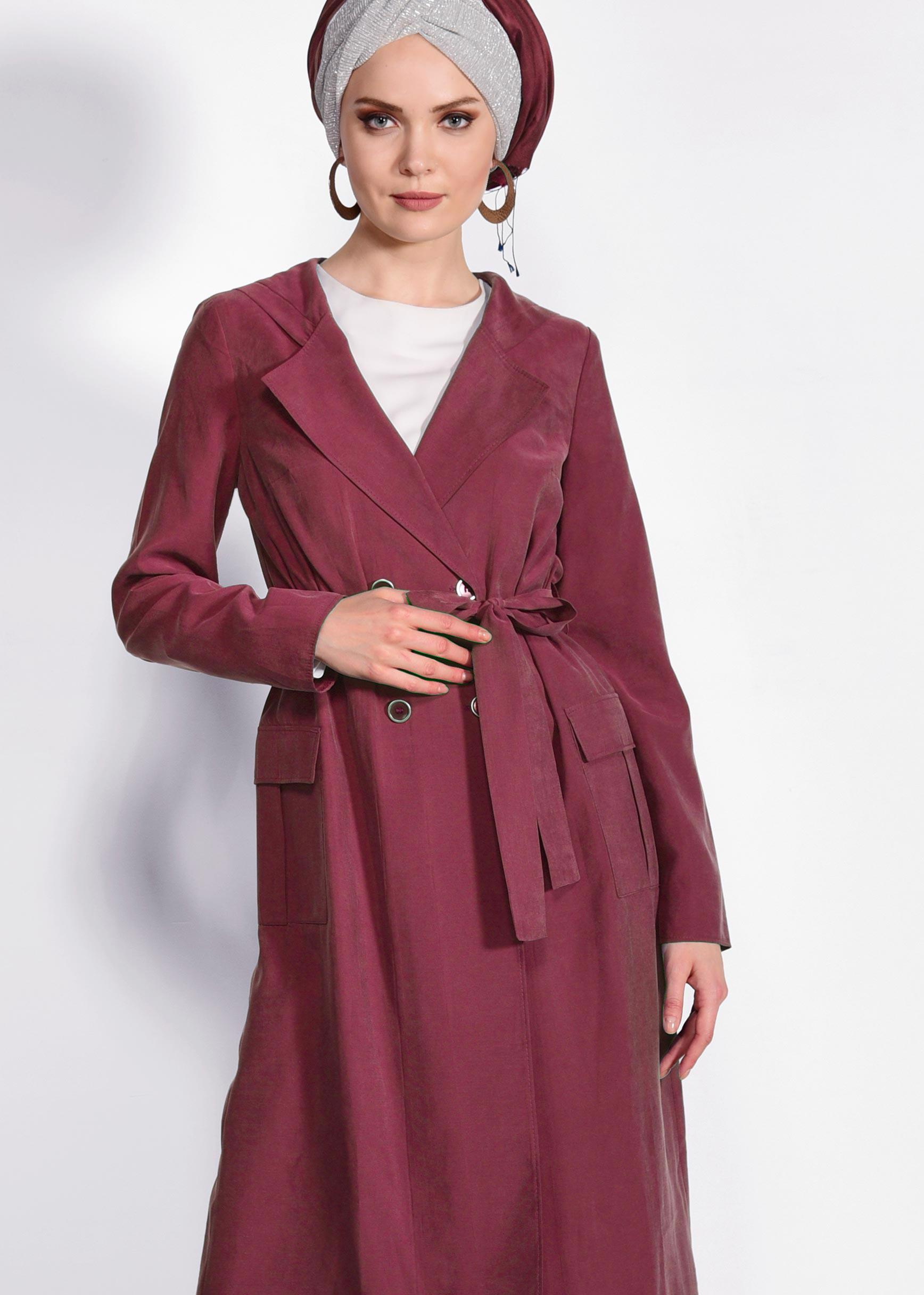 Tesettür giyim BORDO KAPÜŞONLU TRENÇKOT 4178