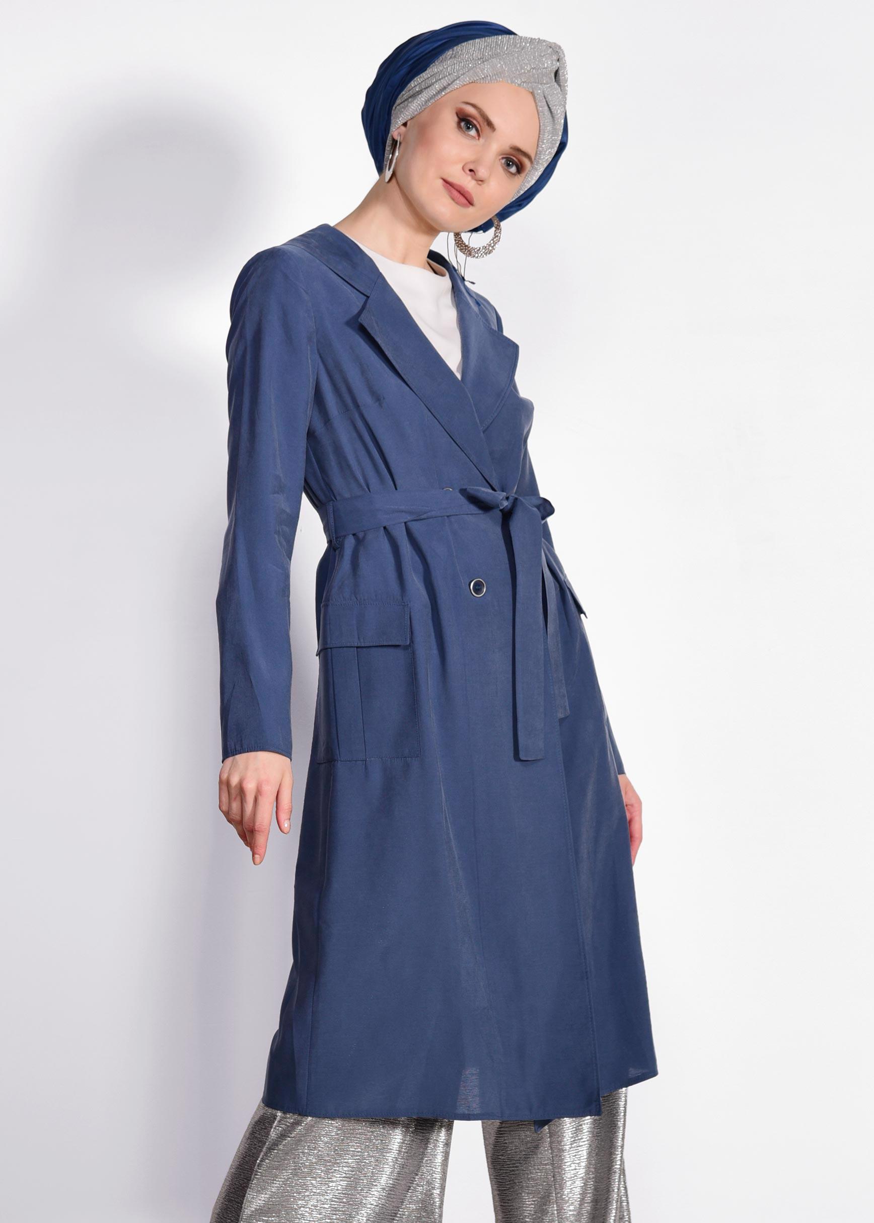 Tesettür giyim LACİVERT KAPÜŞONLU TRENÇKOT 4178