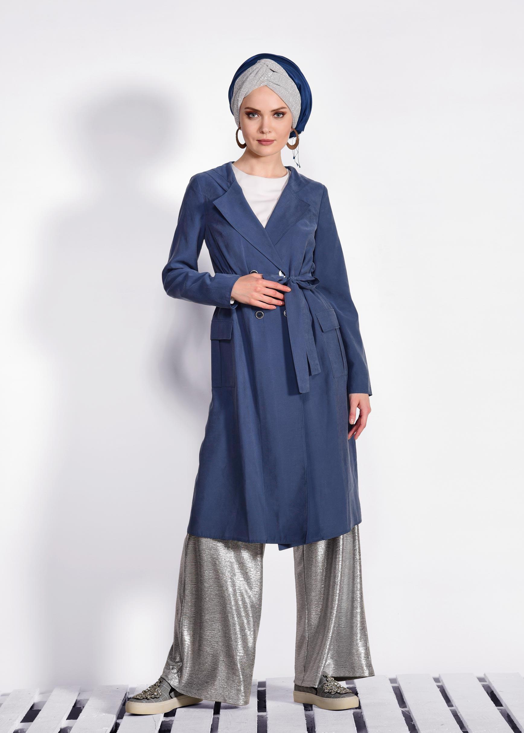 Tesettür giyim LACİVERT KAPÜŞONLU TRENÇKOT 4178