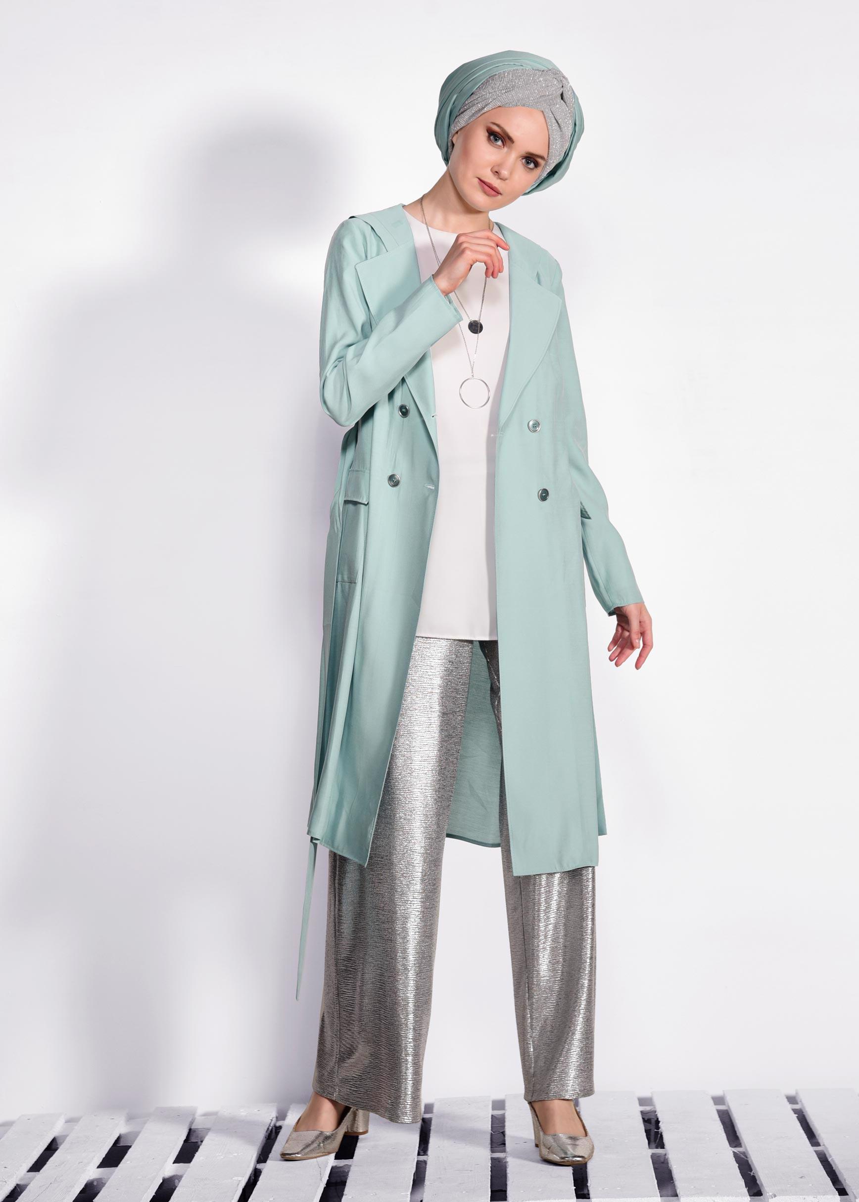 Tesettür giyim MAVİ KAPÜŞONLU TRENÇKOT 4178