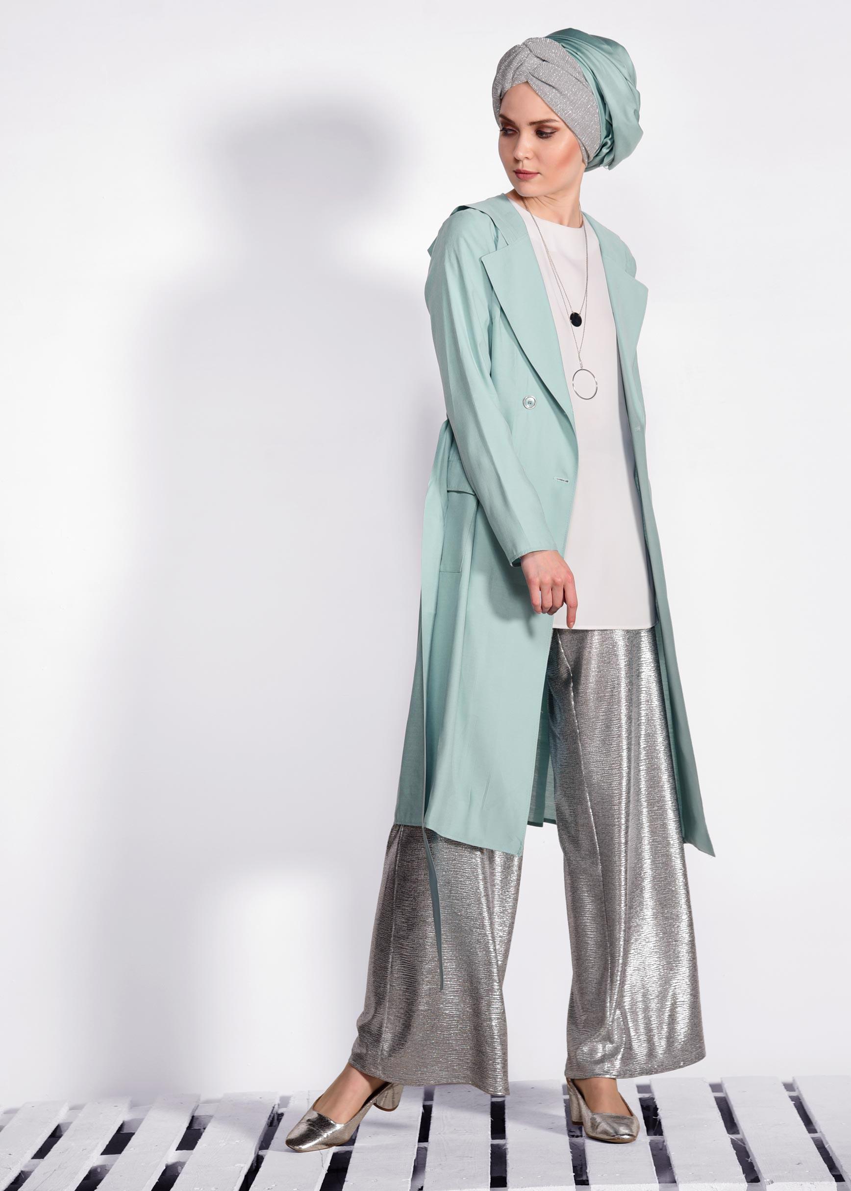 Tesettür giyim MAVİ KAPÜŞONLU TRENÇKOT 4178