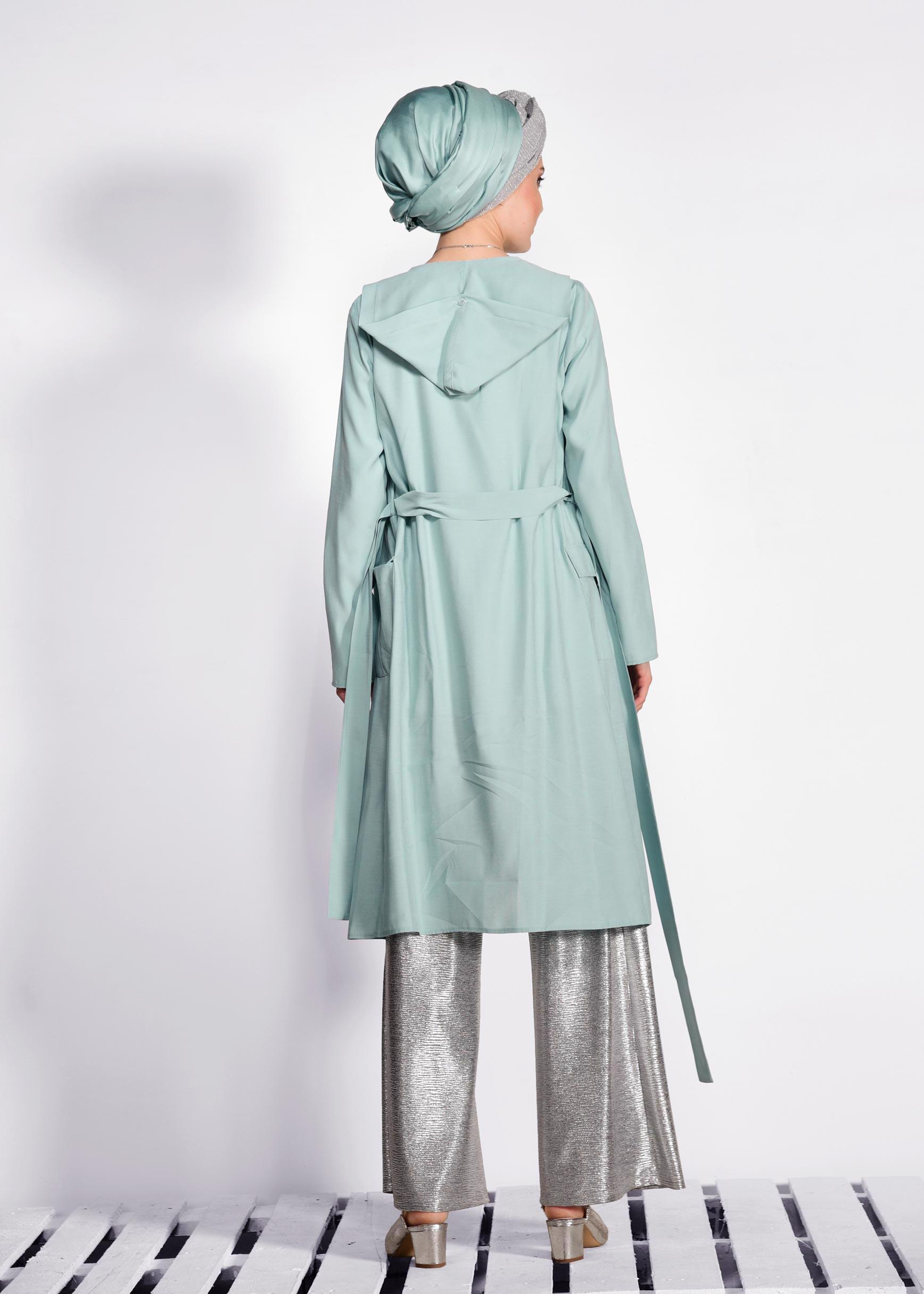 Tesettür giyim MAVİ KAPÜŞONLU TRENÇKOT 4178