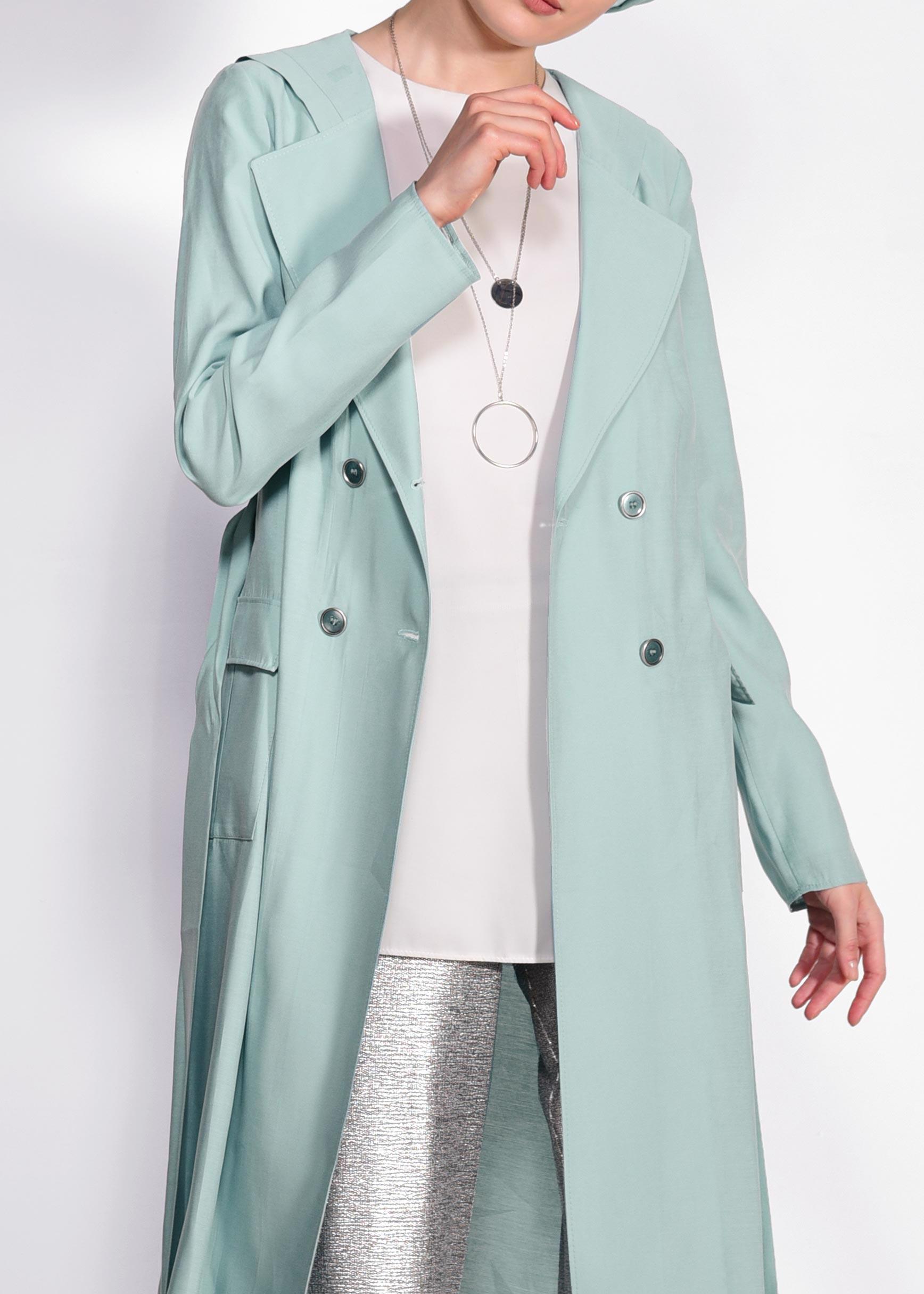 Tesettür giyim MAVİ KAPÜŞONLU TRENÇKOT 4178