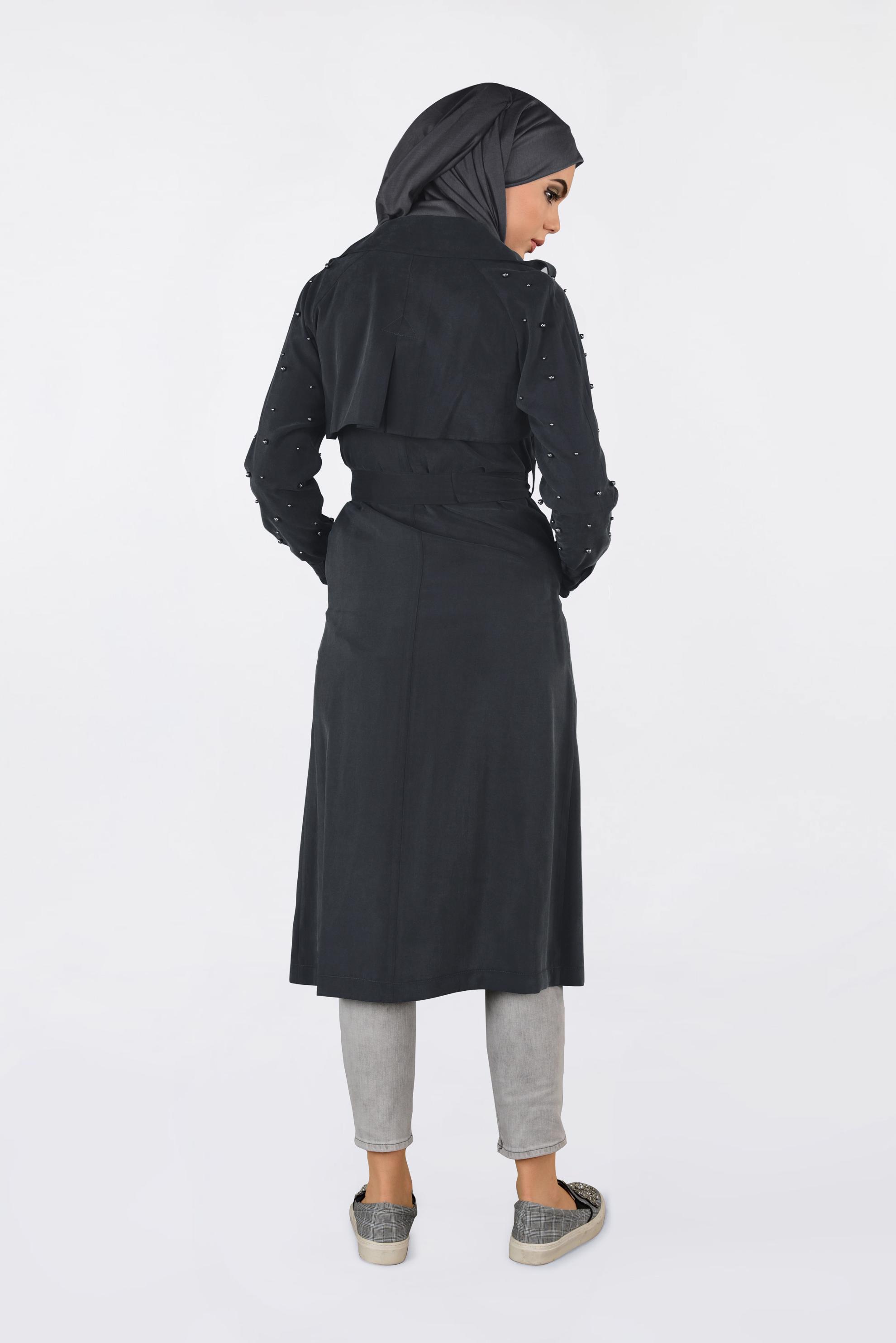 Tesettür giyim SİYAH KOLLARI BONCUKLU KEMERLİ TRENÇKOT 4206