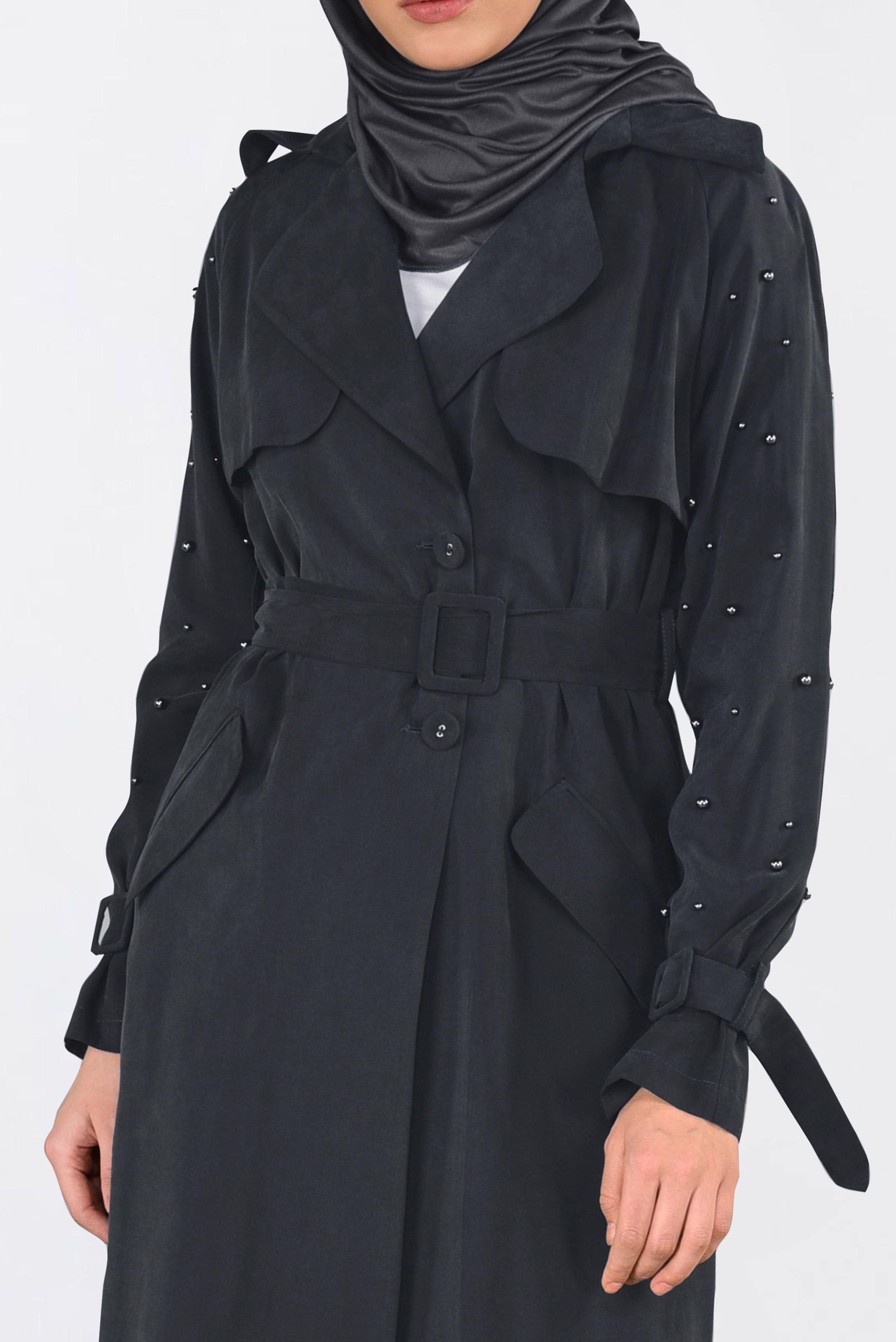 Tesettür giyim SİYAH KOLLARI BONCUKLU KEMERLİ TRENÇKOT 4206