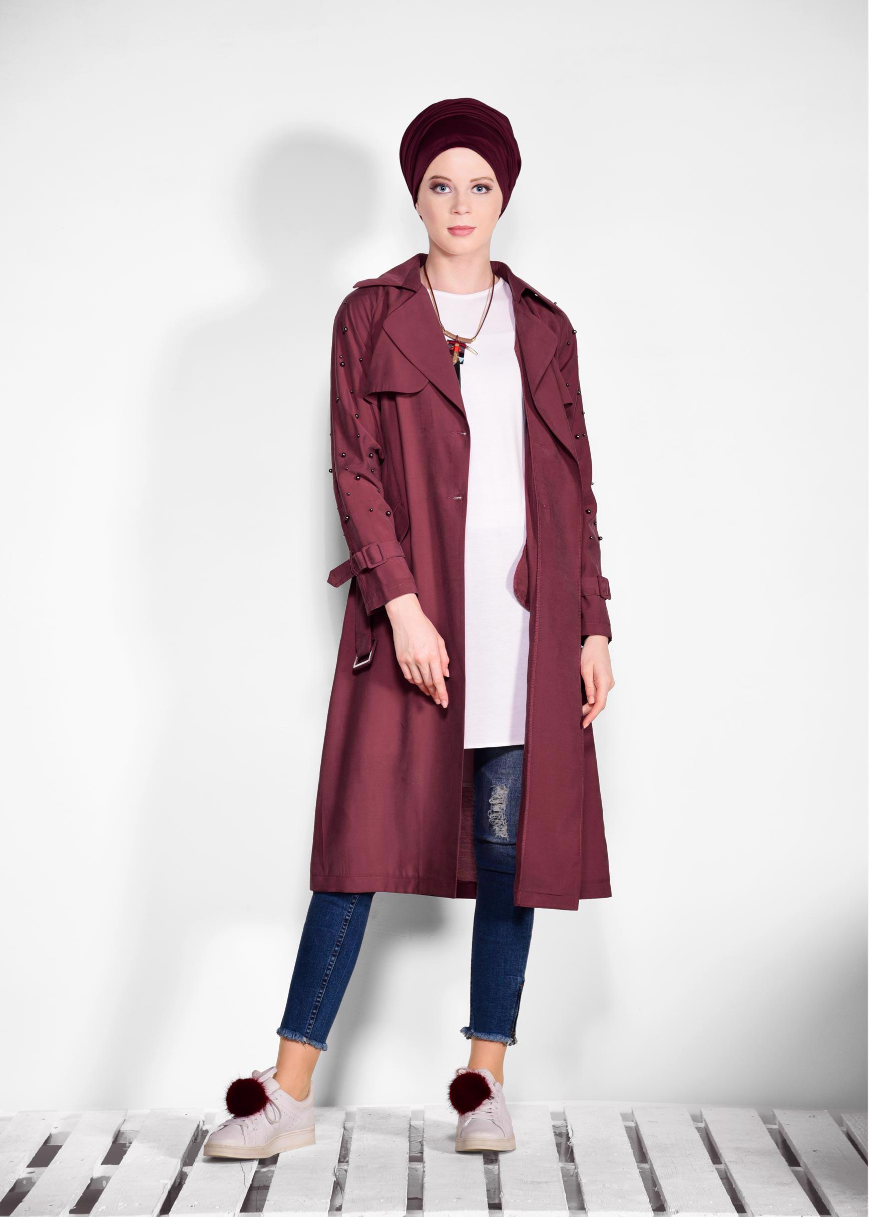 Tesettür giyim BORDO KOLLARI BONCUKLU KEMERLİ TRENÇKOT 4206