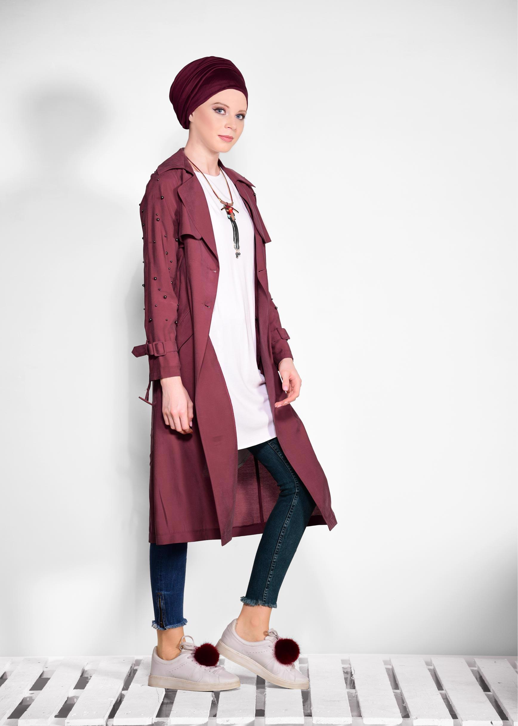 Tesettür giyim BORDO KOLLARI BONCUKLU KEMERLİ TRENÇKOT 4206