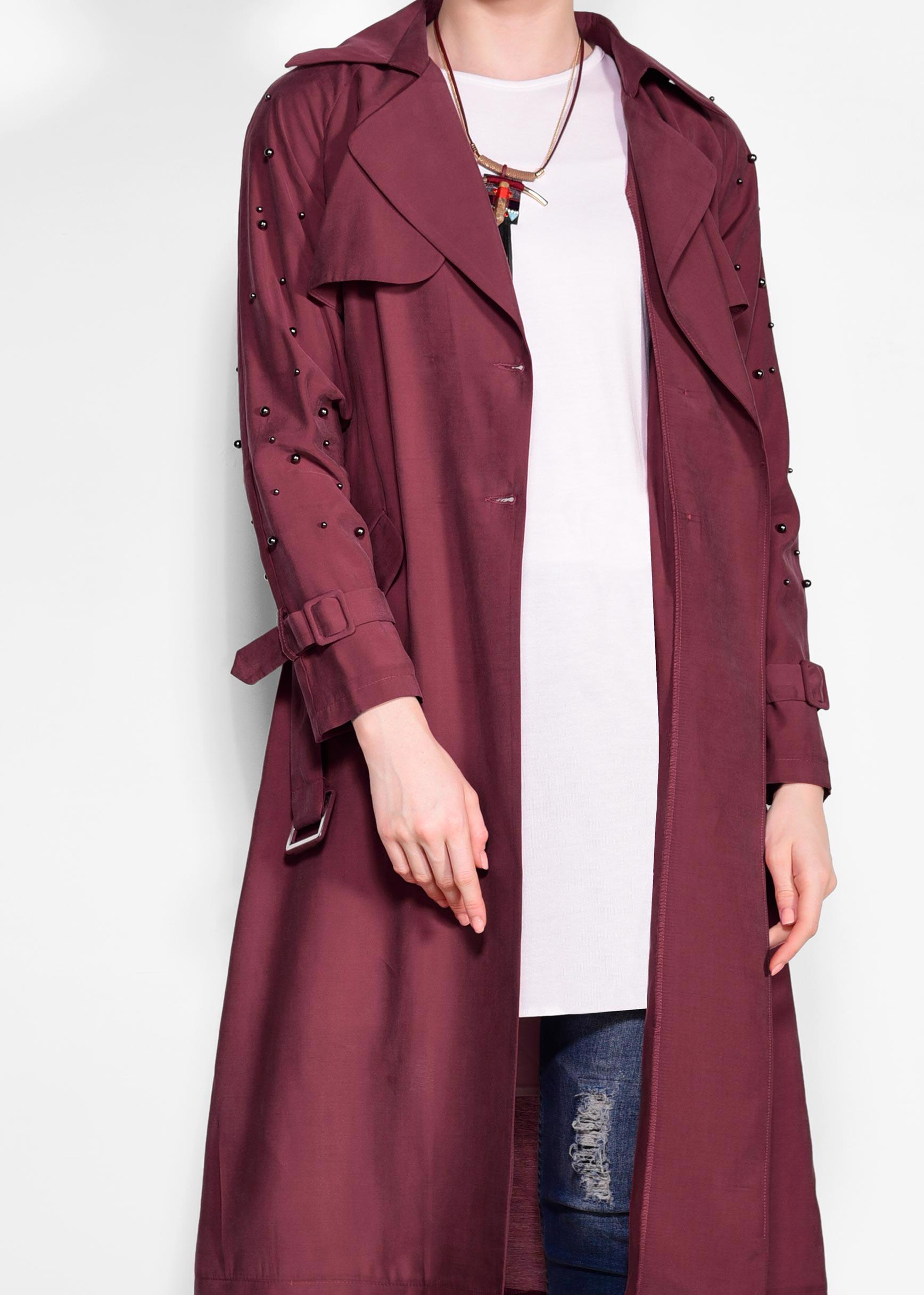 Tesettür giyim BORDO KOLLARI BONCUKLU KEMERLİ TRENÇKOT 4206