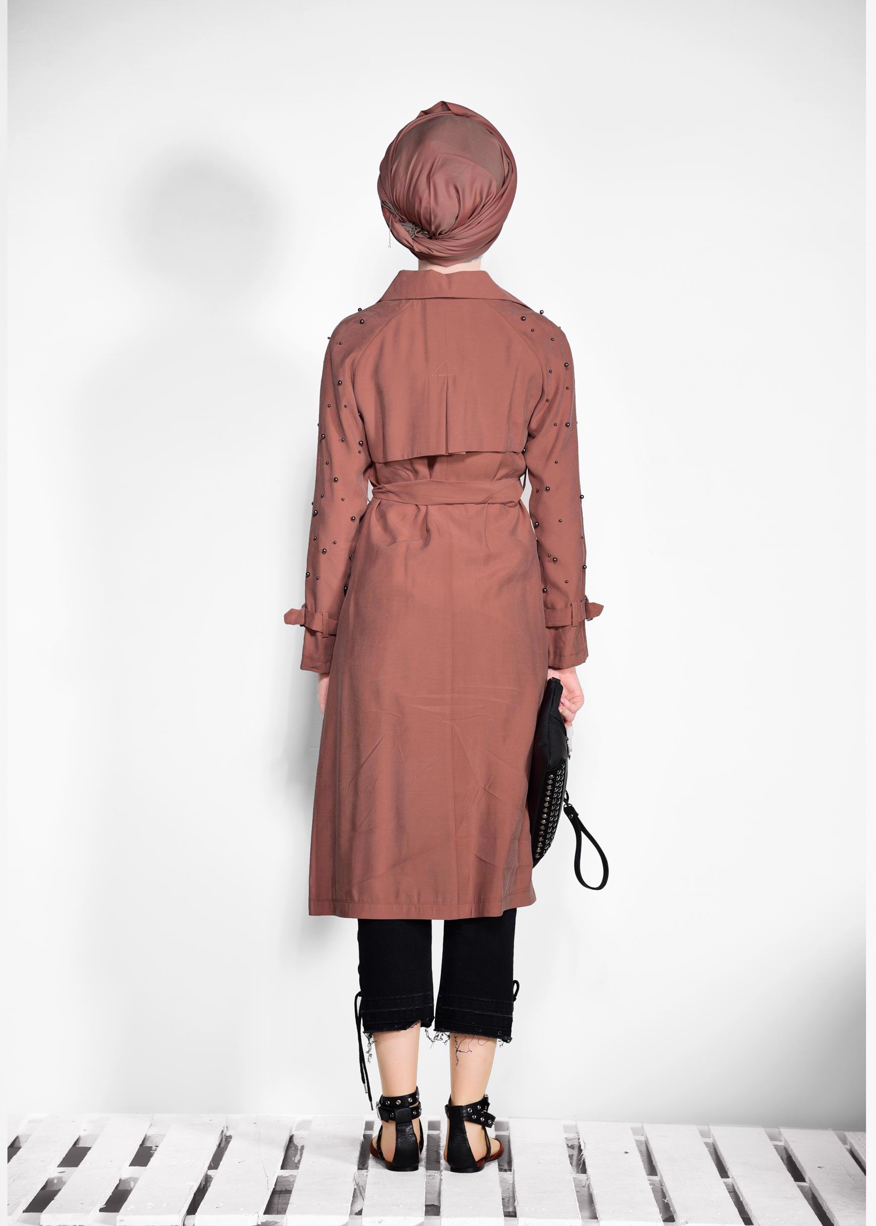 Tesettür giyim TURUNCU KOLLARI BONCUKLU KEMERLİ TRENÇKOT 4206