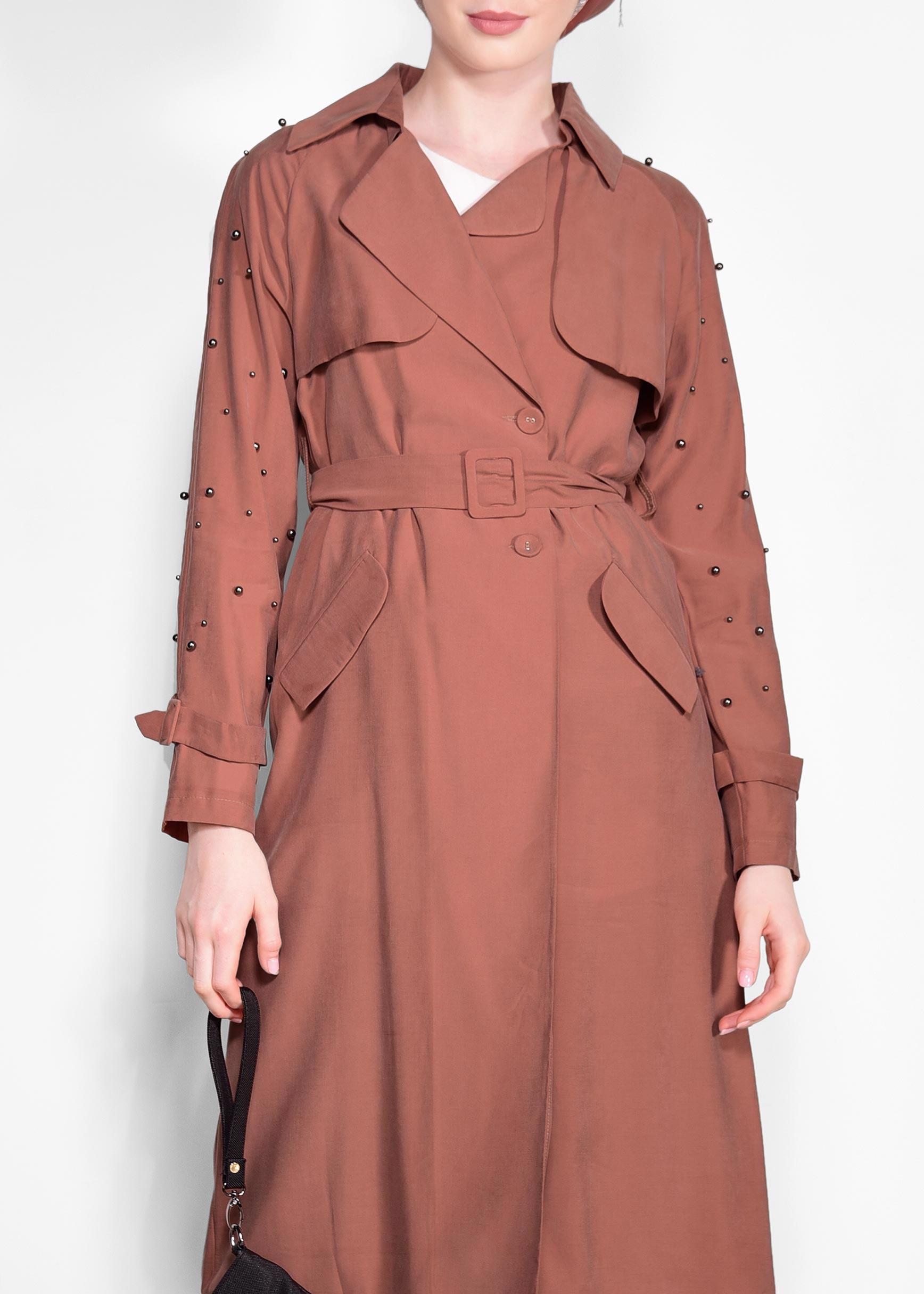 Tesettür giyim TURUNCU KOLLARI BONCUKLU KEMERLİ TRENÇKOT 4206