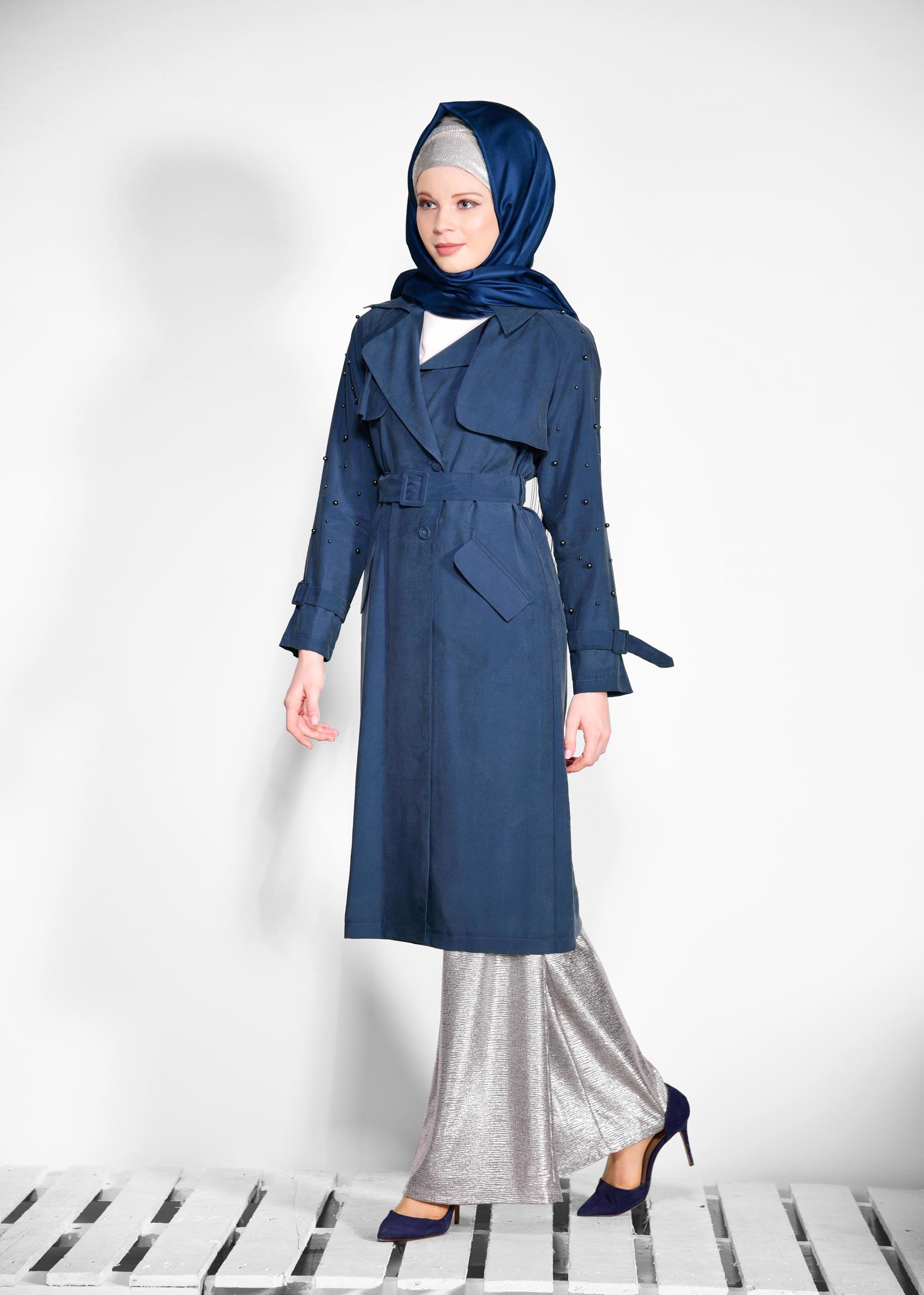 Tesettür giyim LACİVERT KOLLARI BONCUKLU KEMERLİ TRENÇKOT 4206