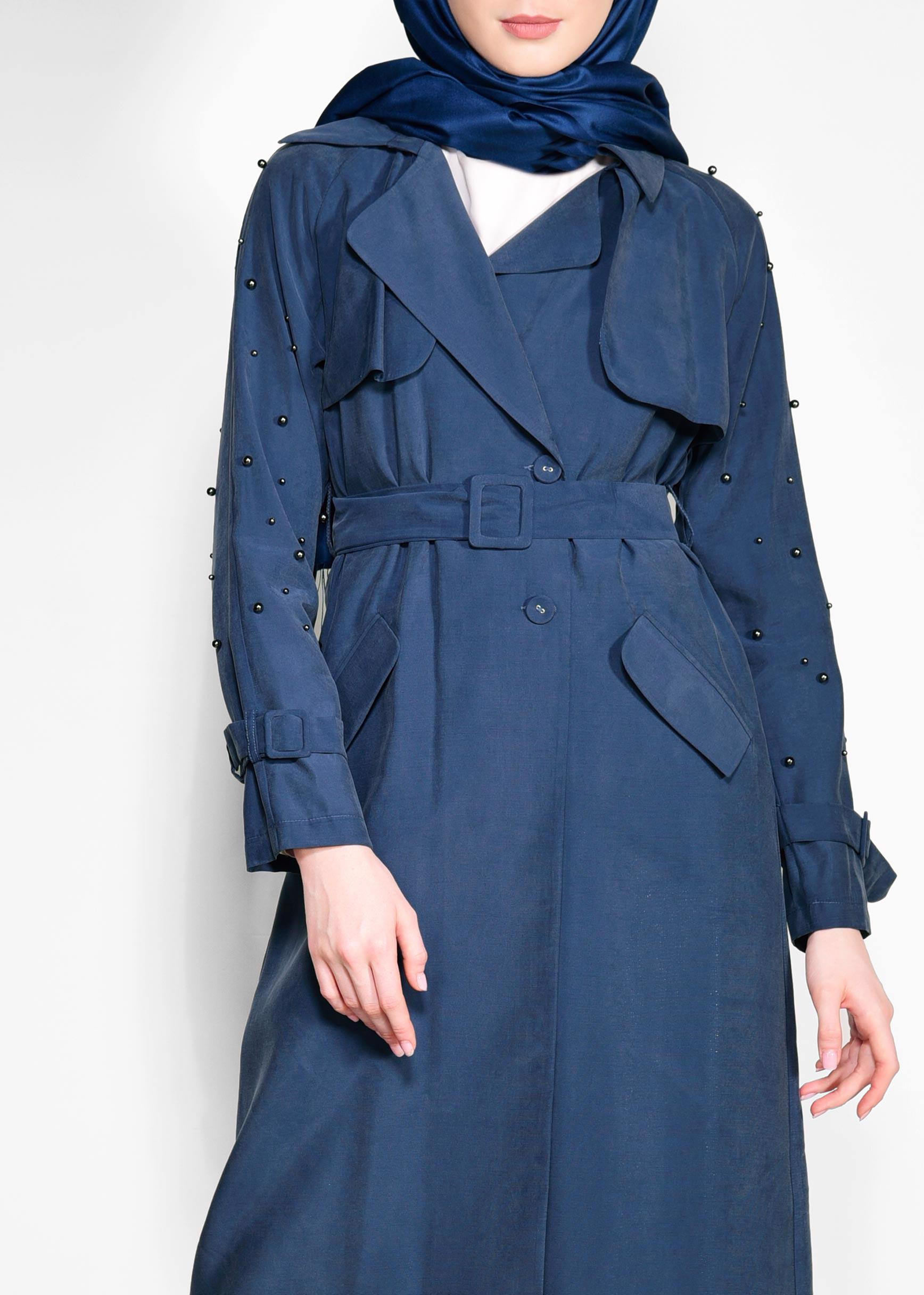 Tesettür giyim LACİVERT KOLLARI BONCUKLU KEMERLİ TRENÇKOT 4206