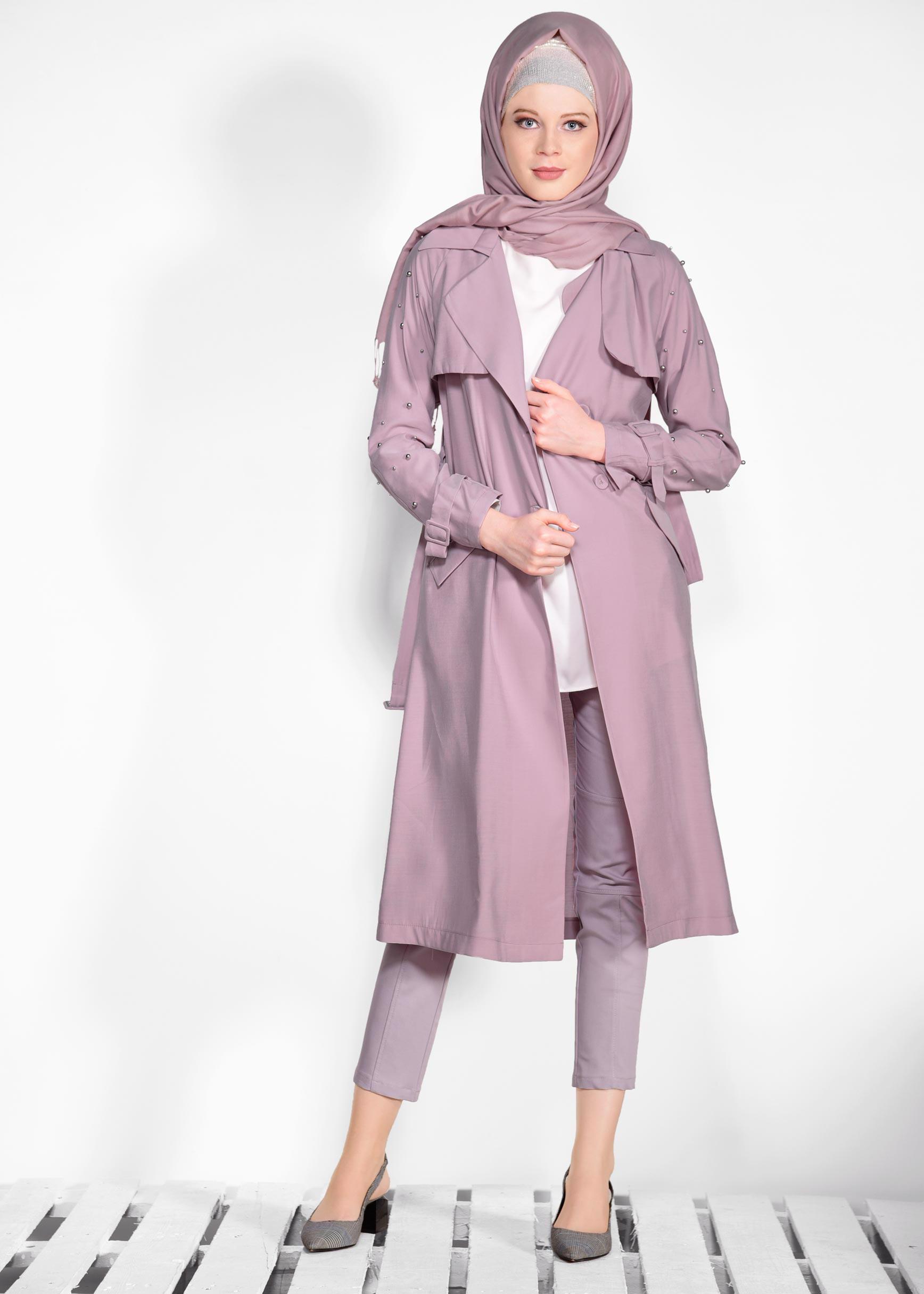 Tesettür giyim PUDRA KOLLARI BONCUKLU KEMERLİ TRENÇKOT 4206