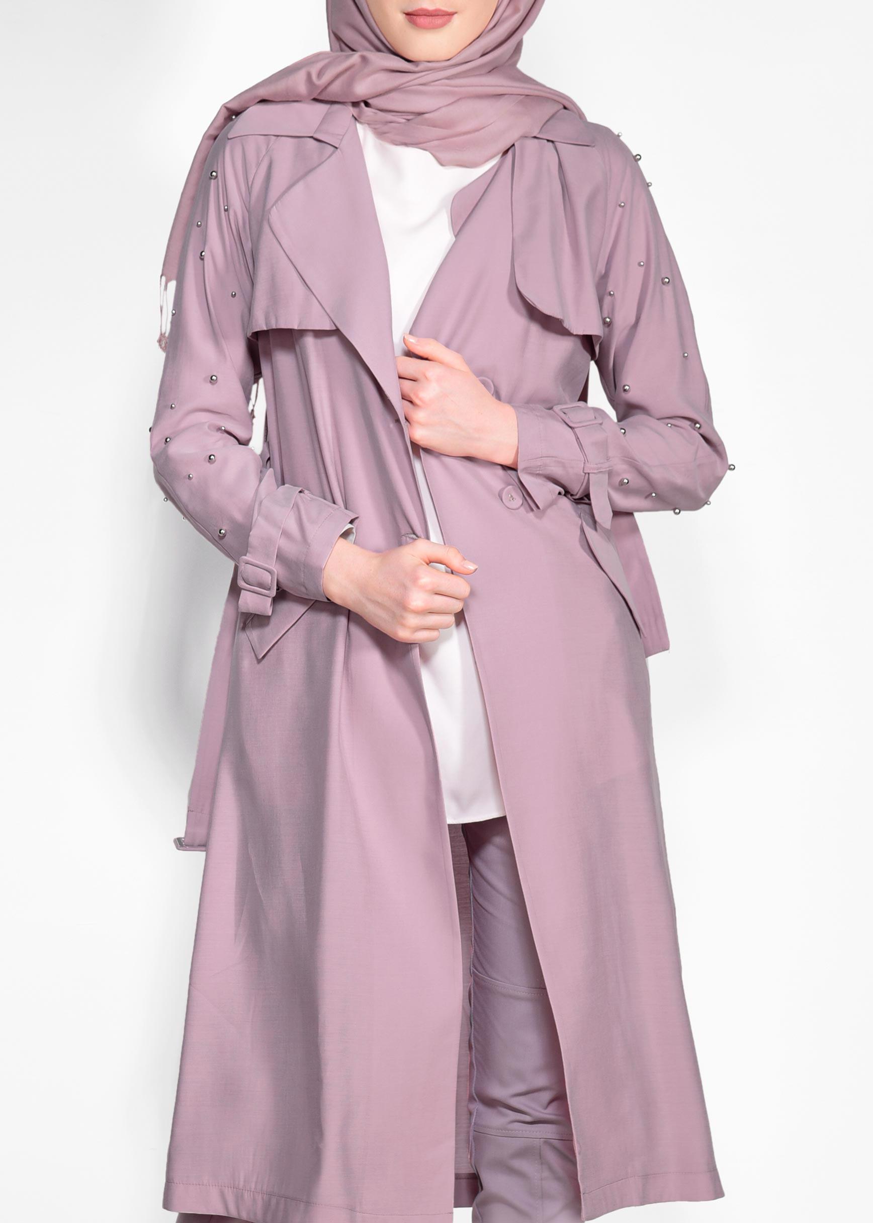 Tesettür giyim PUDRA KOLLARI BONCUKLU KEMERLİ TRENÇKOT 4206