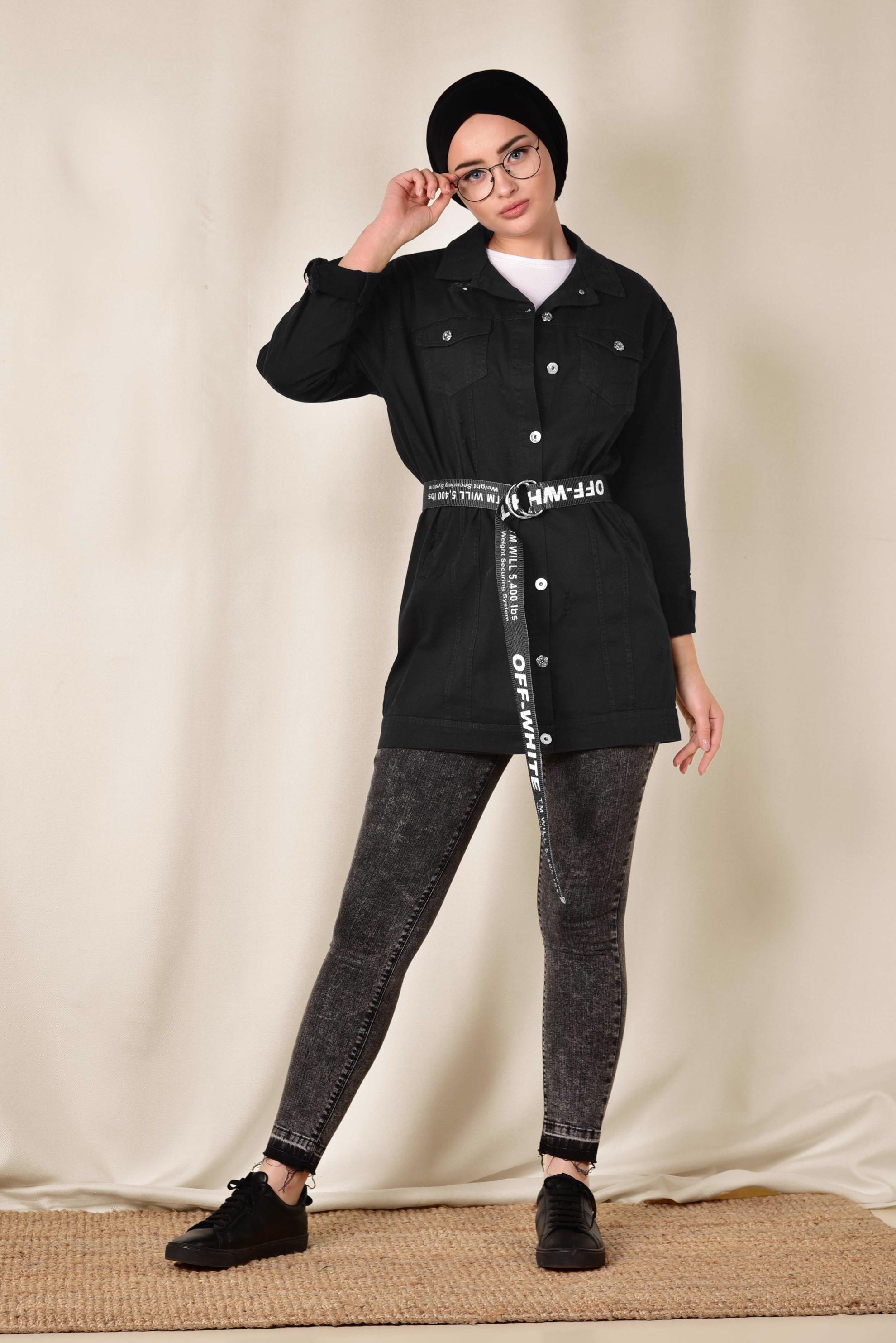 Tesettür giyim SİYAH MEVSİMLİK İNCE CEKET 4208