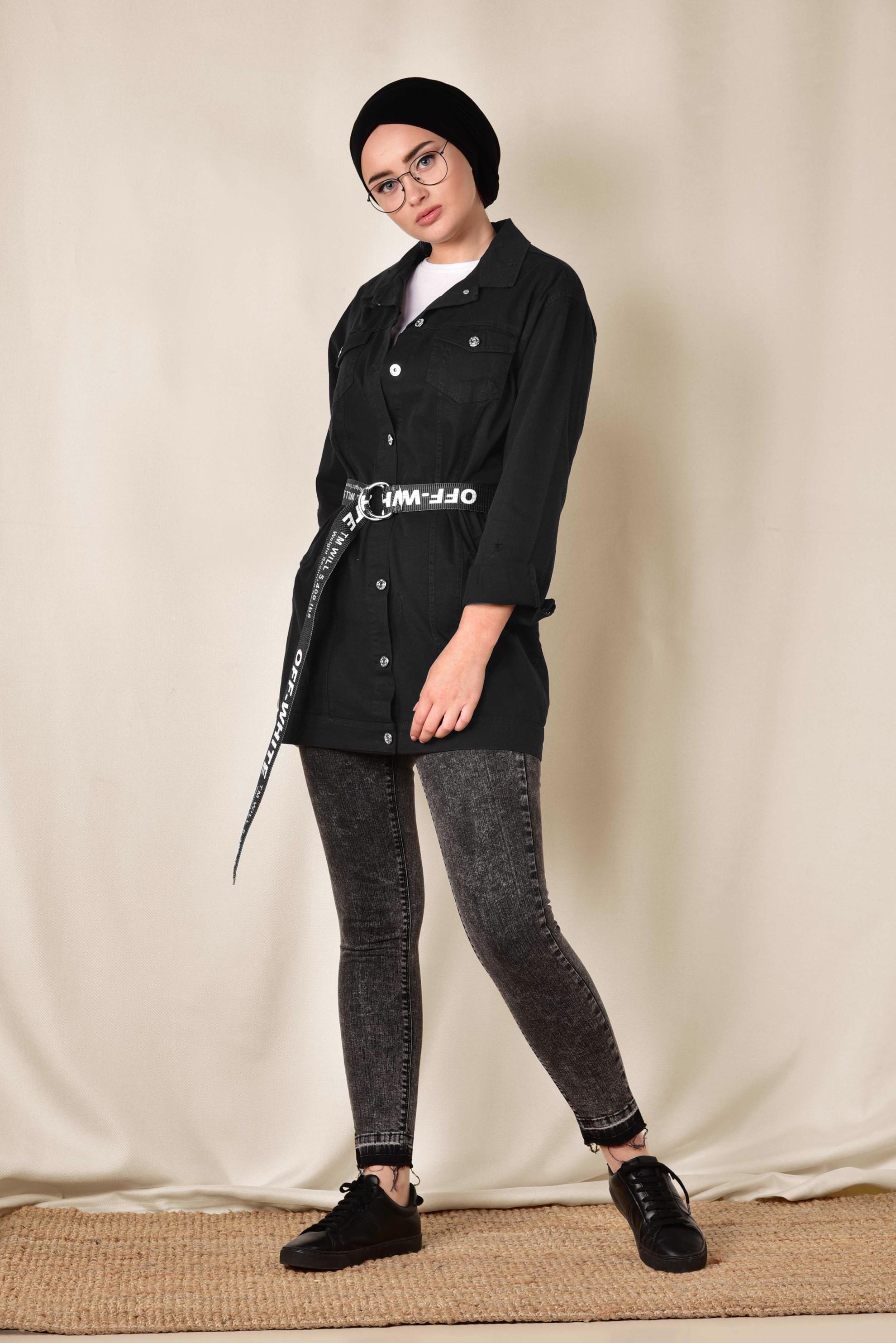 Tesettür giyim SİYAH MEVSİMLİK İNCE CEKET 4208