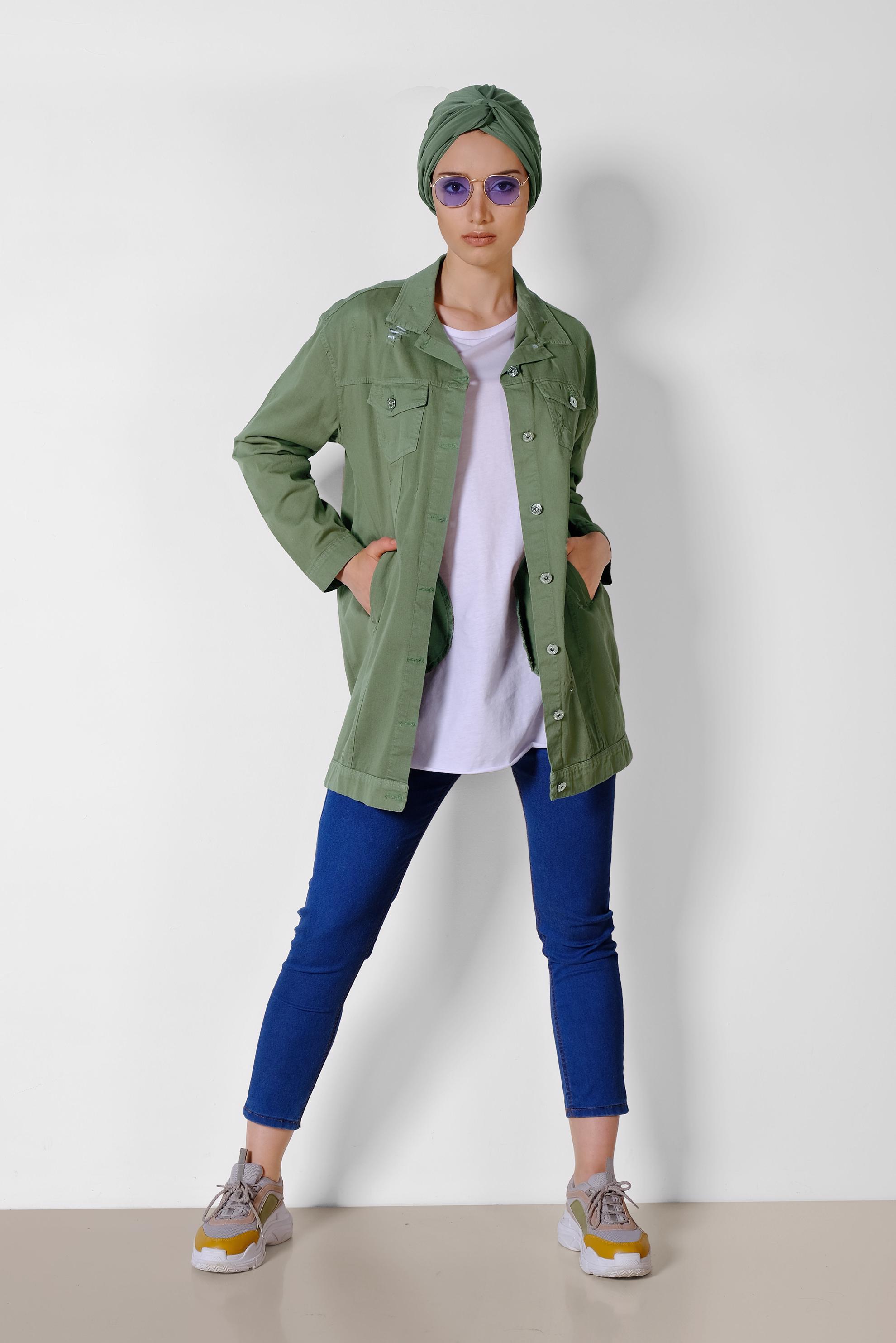 Tesettür giyim HAKİ MEVSİMLİK İNCE CEKET 4208