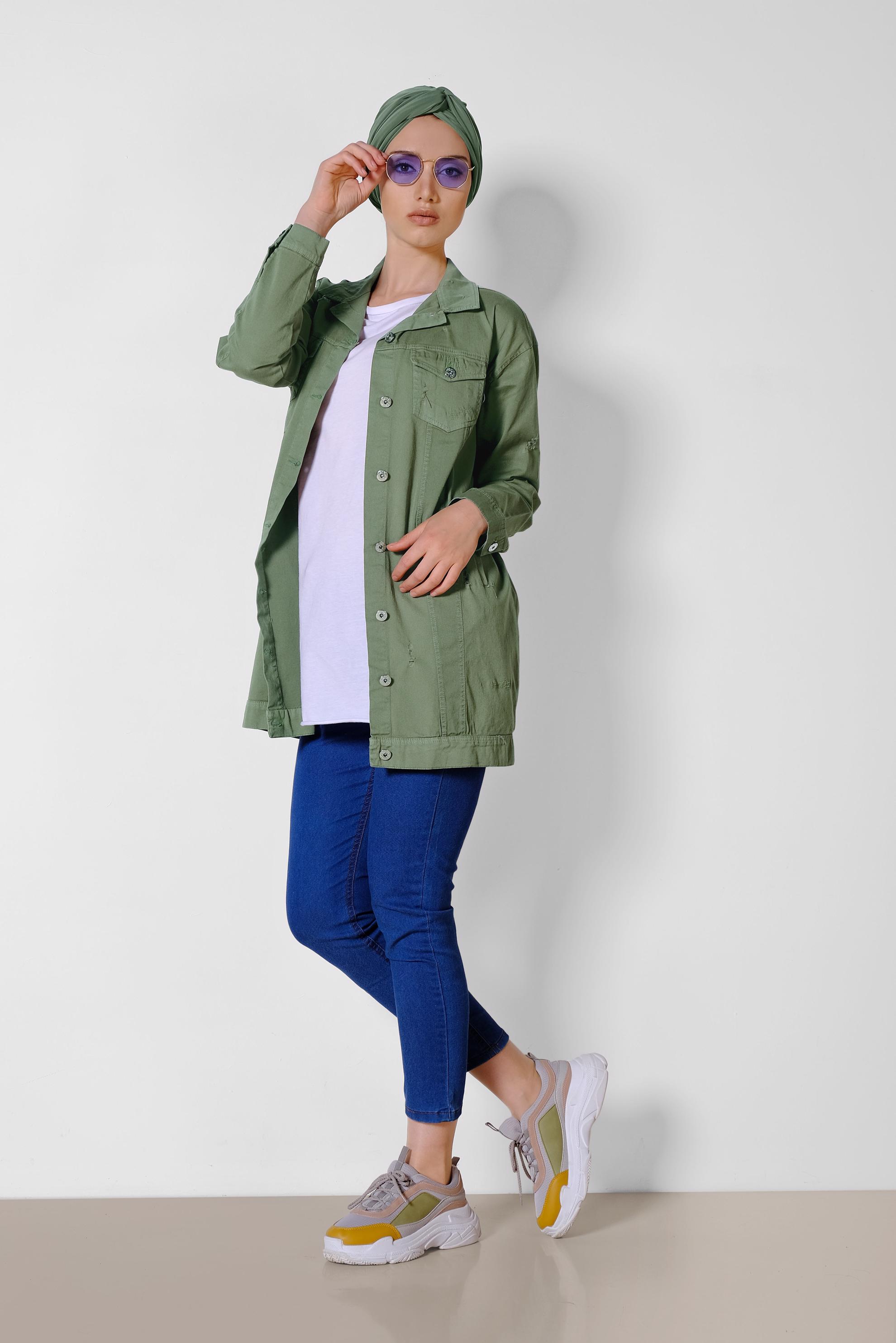 Tesettür giyim HAKİ MEVSİMLİK İNCE CEKET 4208