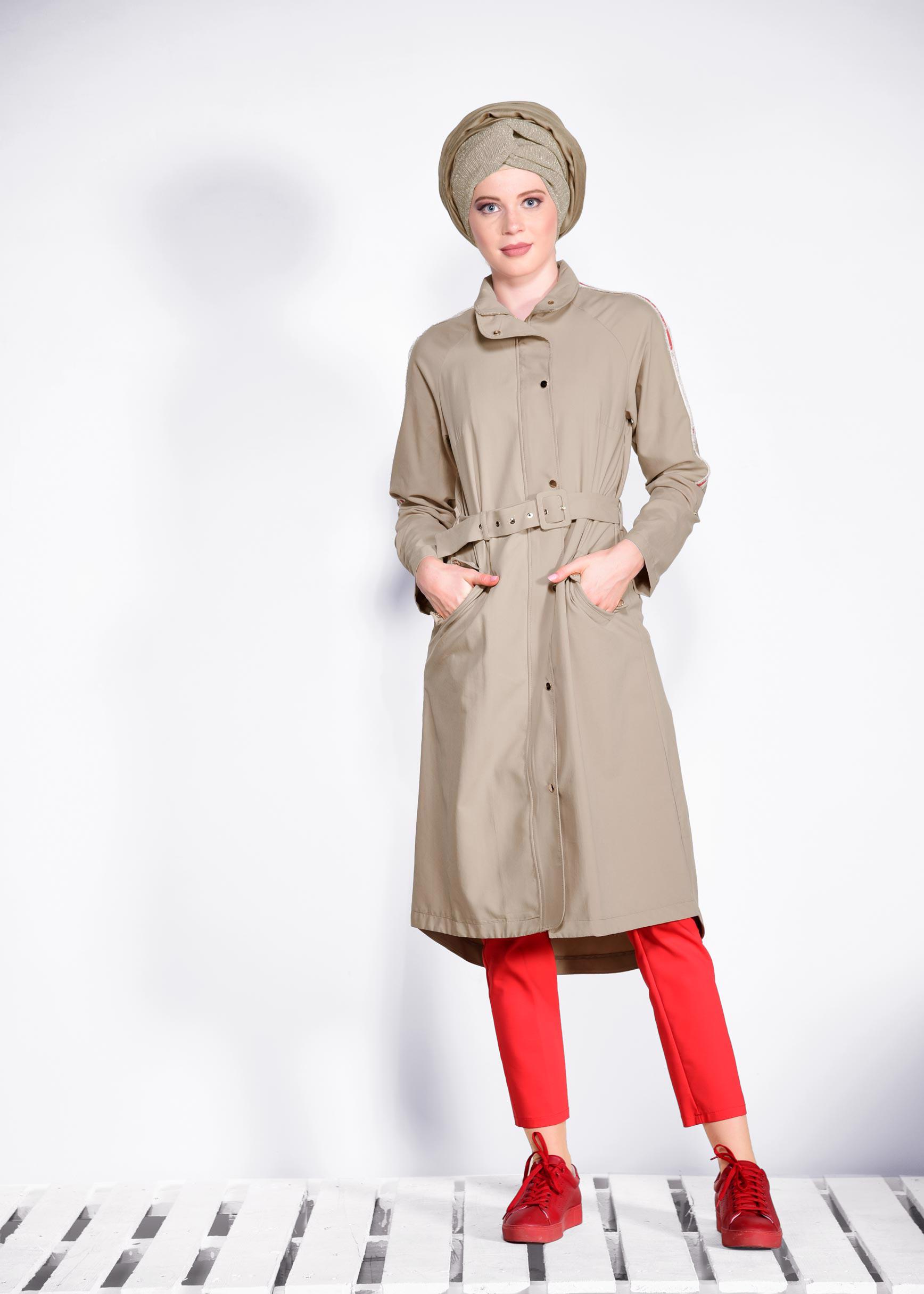 Tesettür giyim KAHVE BELİ KEMERLİ FERMUARLI GİY ÇIK 4245