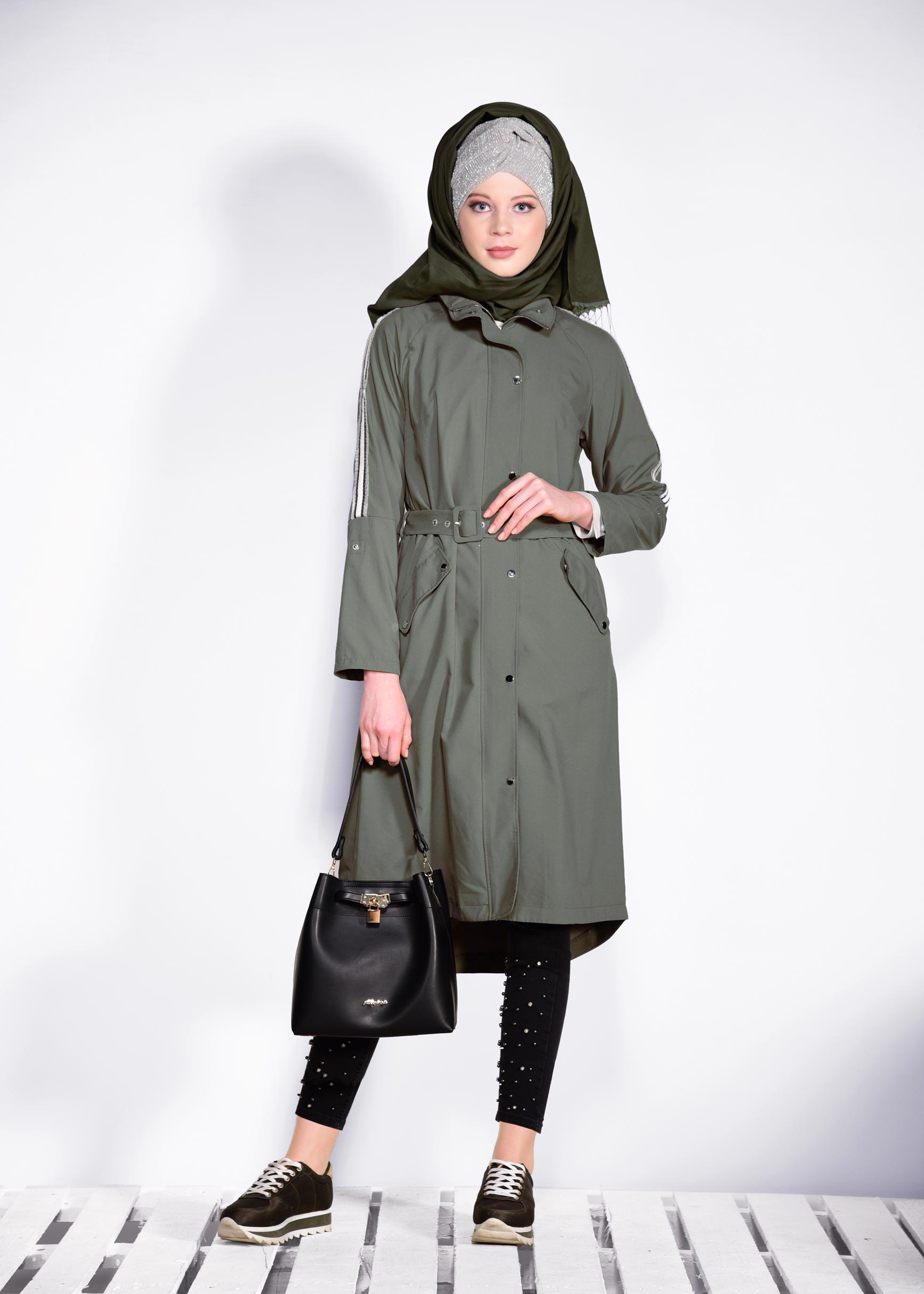 Tesettür giyim HAKİ BELİ KEMERLİ FERMUARLI GİY ÇIK 4245