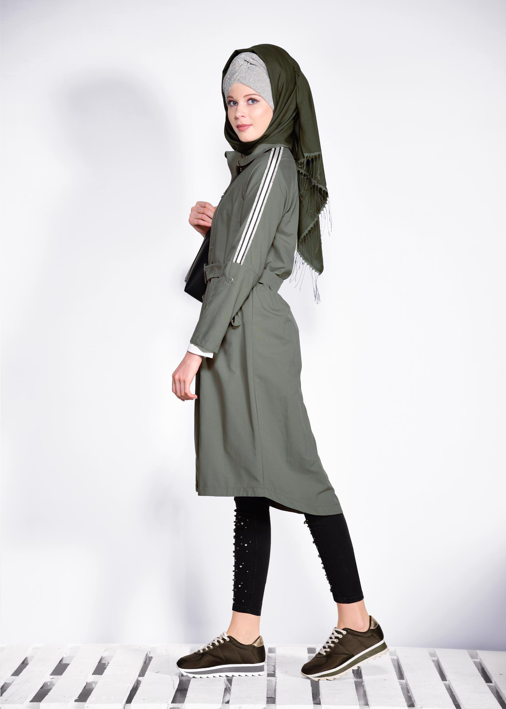Tesettür giyim HAKİ BELİ KEMERLİ FERMUARLI GİY ÇIK 4245
