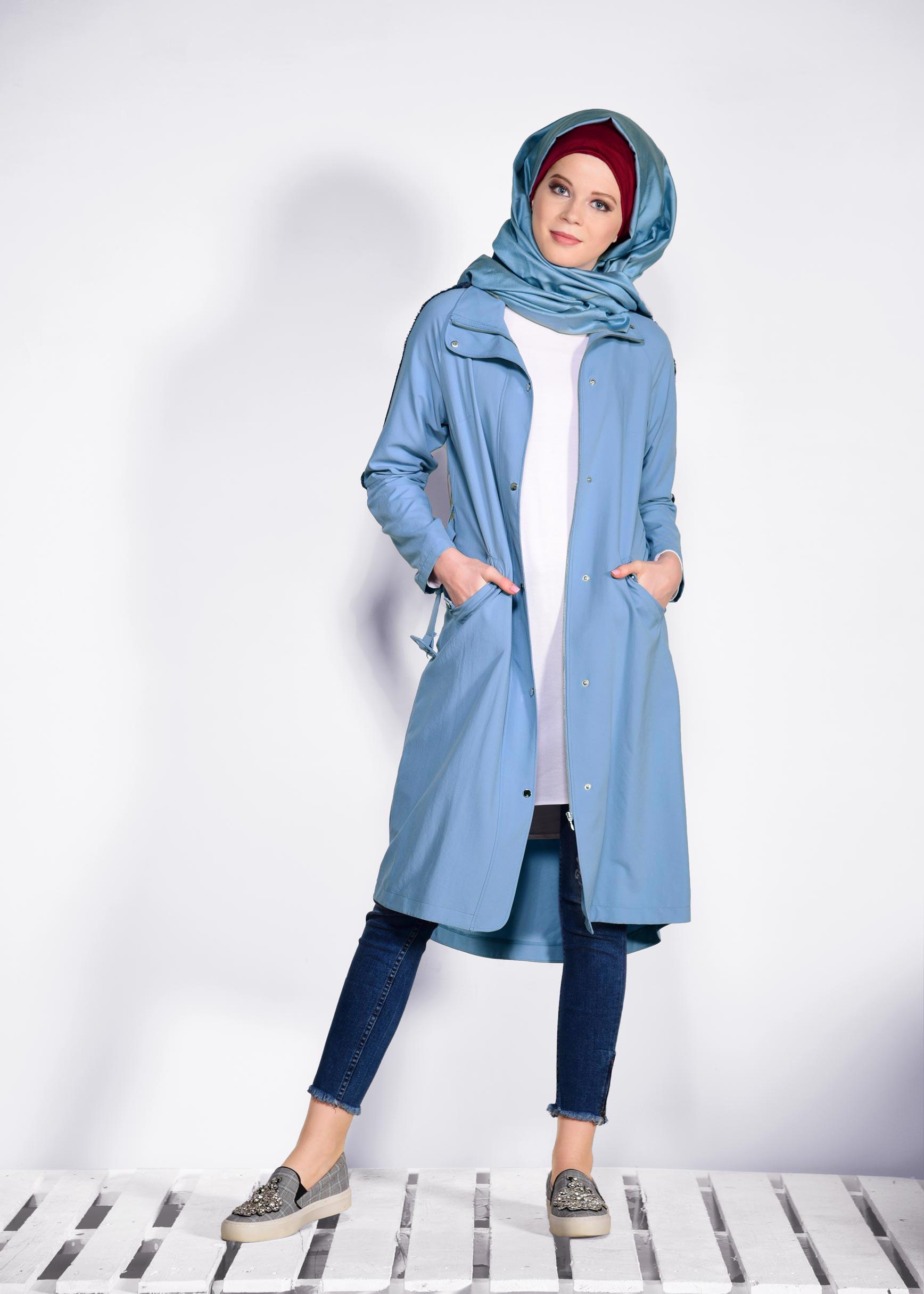 Tesettür giyim MAVİ BELİ KEMERLİ FERMUARLI GİY ÇIK 4245
