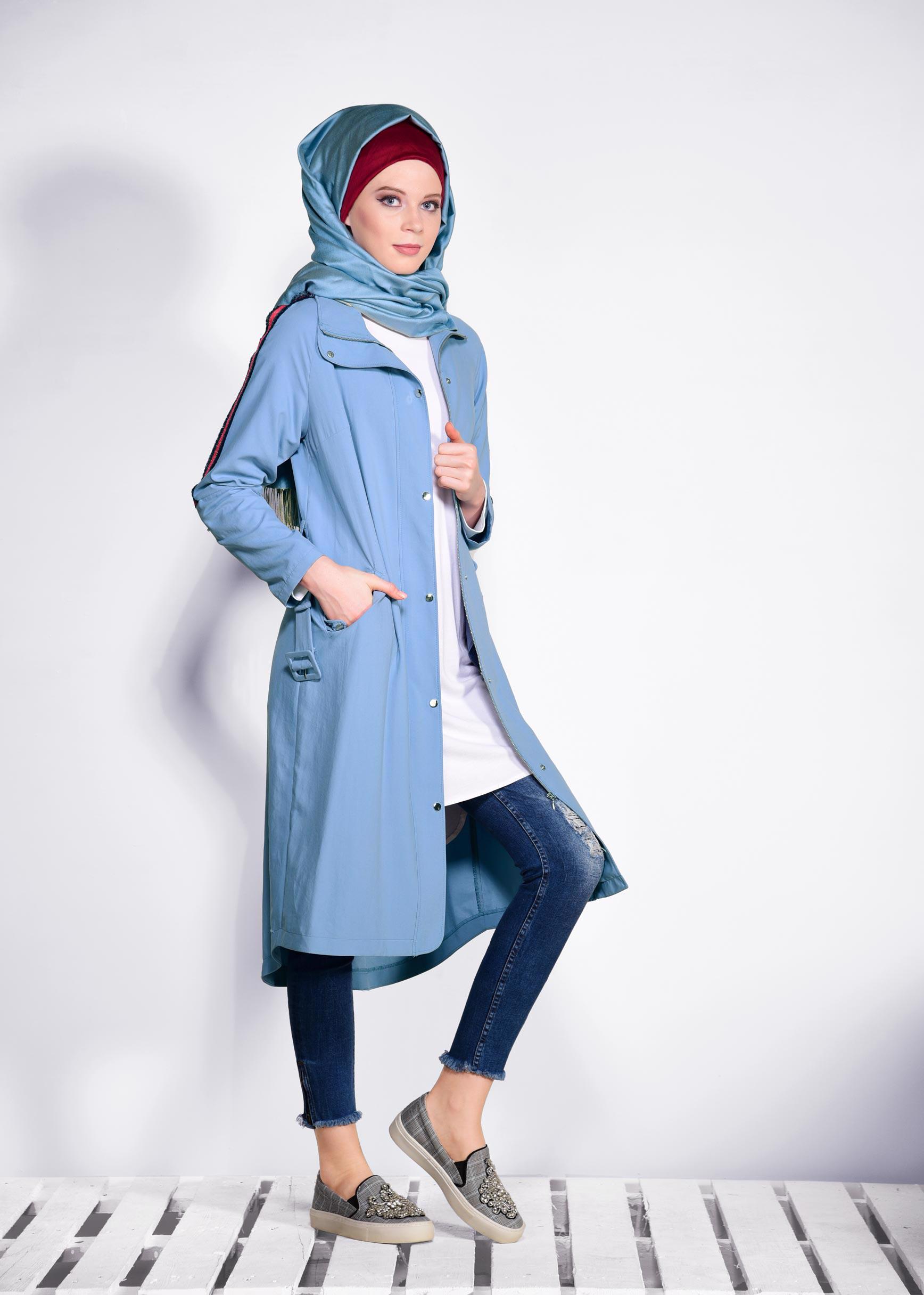 Tesettür giyim MAVİ BELİ KEMERLİ FERMUARLI GİY ÇIK 4245
