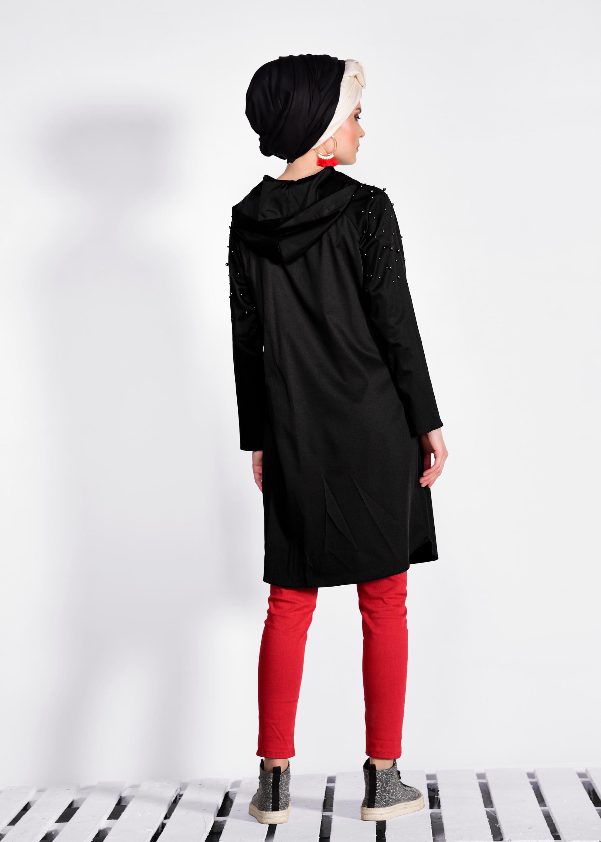 Tesettür giyim SİYAH İNCİ DETAYLI KAPÜŞONLU GİY ÇIK 4247