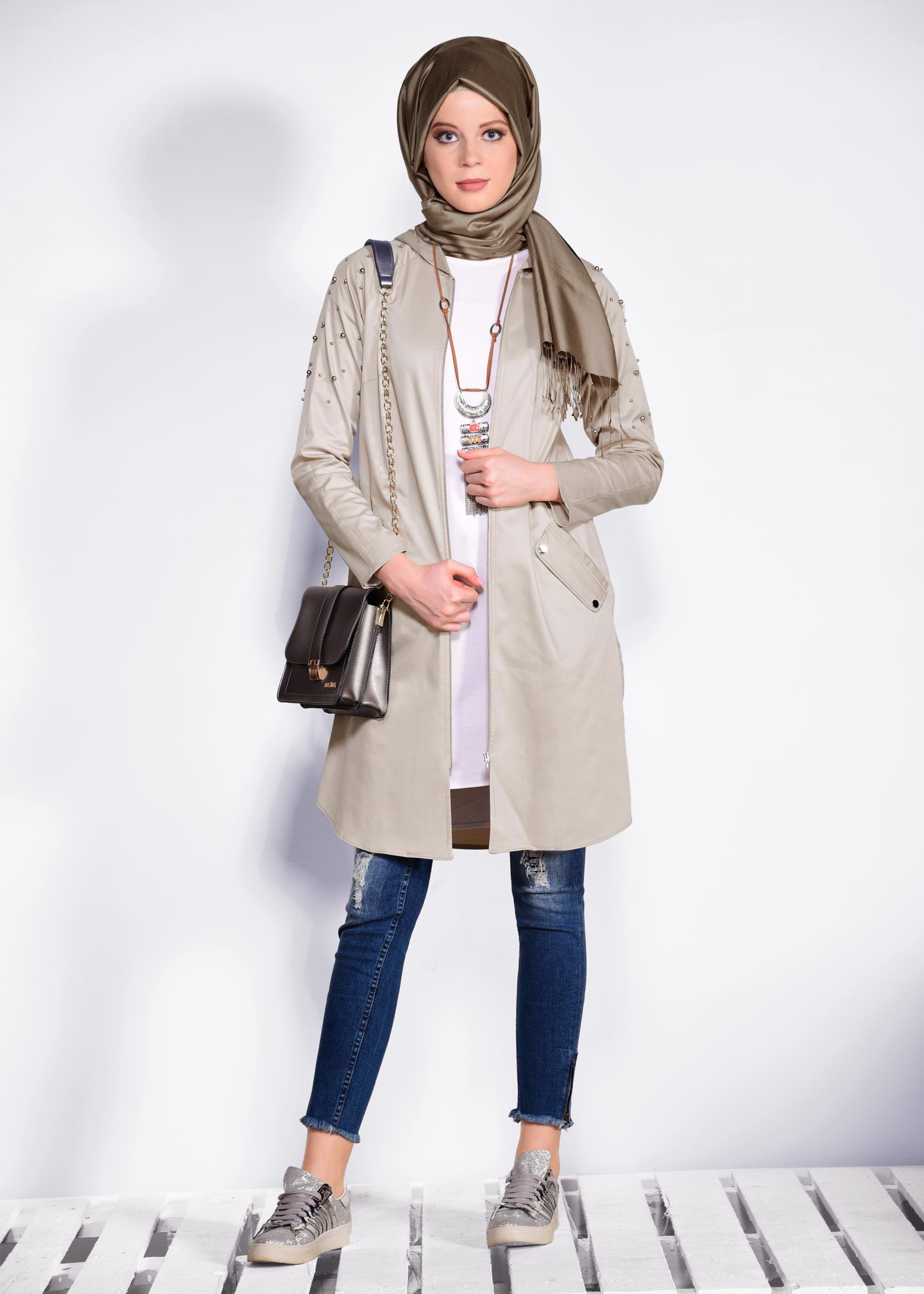 Tesettür giyim BEJ İNCİ DETAYLI KAPÜŞONLU GİY ÇIK 4247