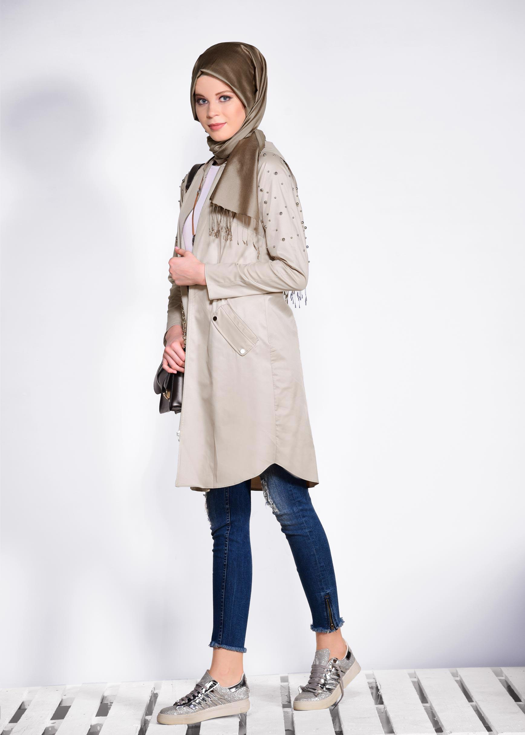 Tesettür giyim BEJ İNCİ DETAYLI KAPÜŞONLU GİY ÇIK 4247