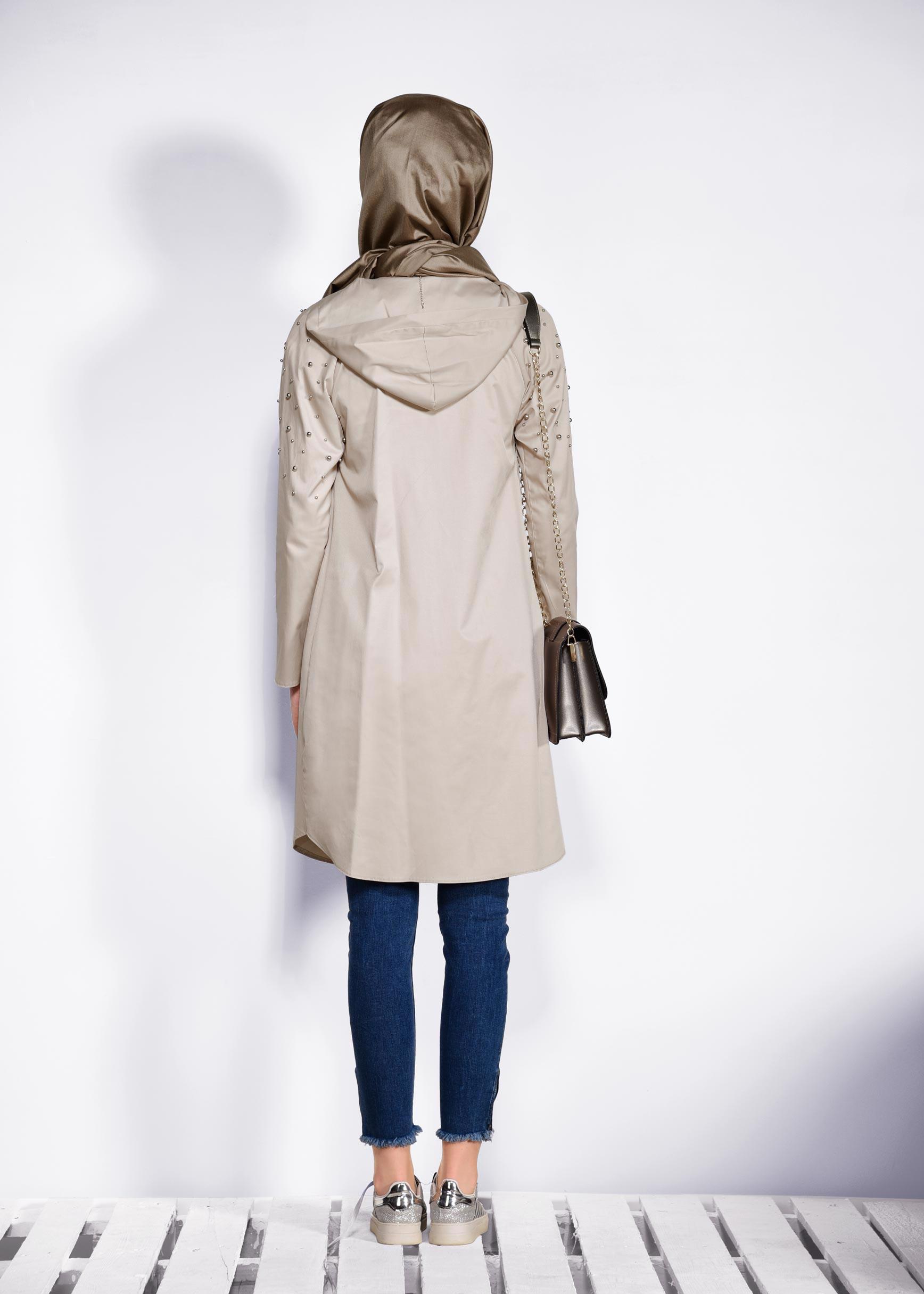 Tesettür giyim BEJ İNCİ DETAYLI KAPÜŞONLU GİY ÇIK 4247